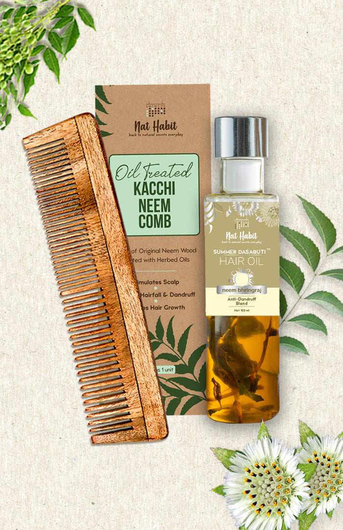 Dual Tooth Comb & Neem Bhringraj DASABUTI Hair Oil 2点セット