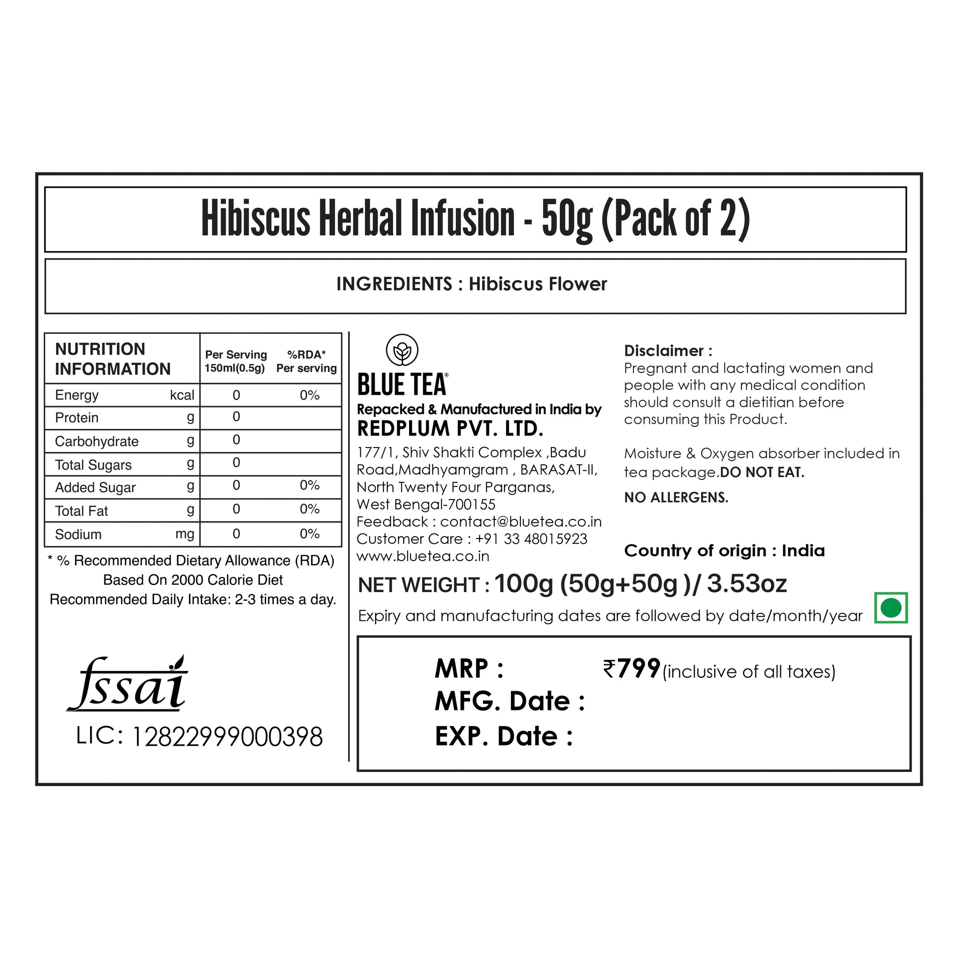 Hibiscus Herbal Tea - 50g (Pack of 2) 50G