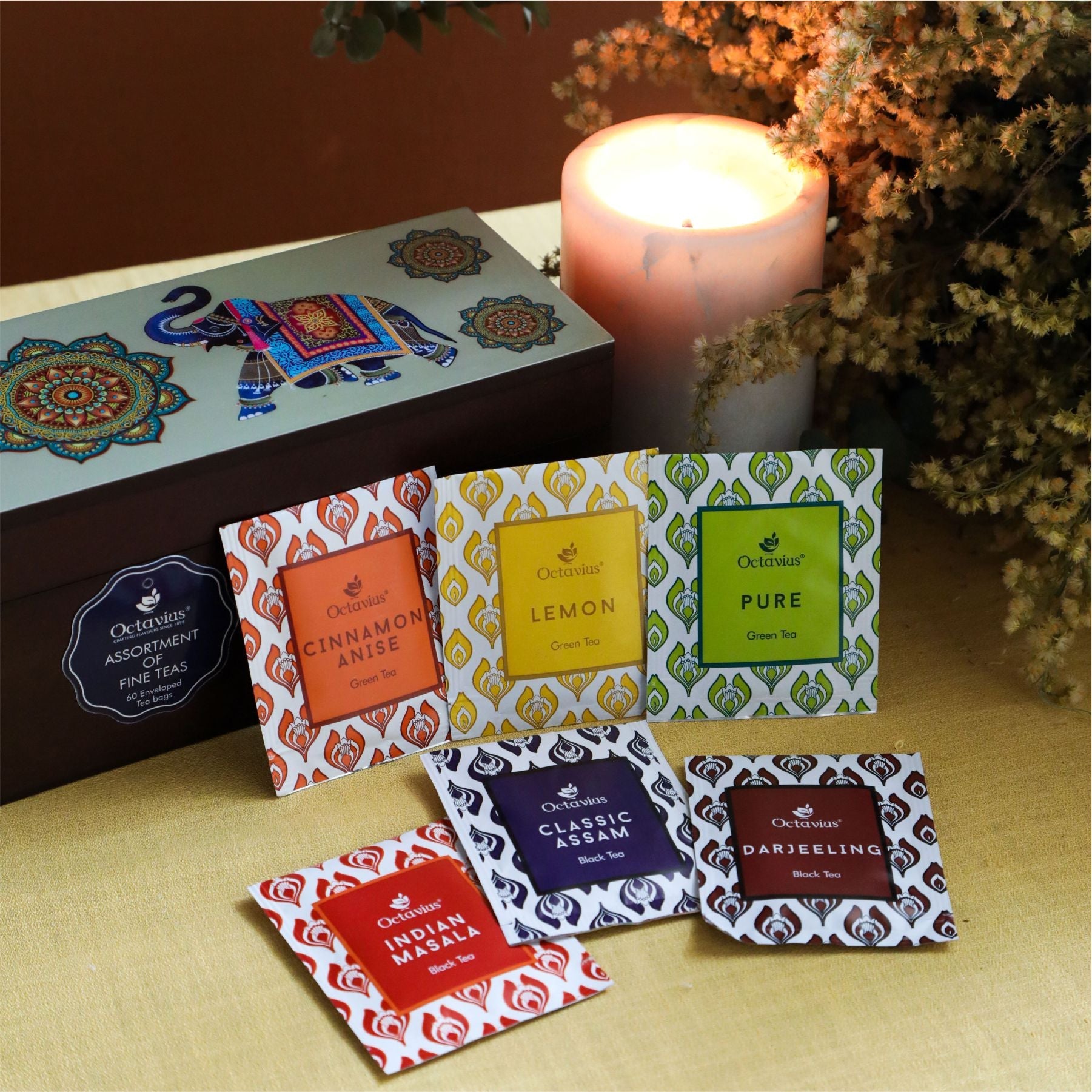 Assortment of Fine Teas- 60 Teabags in Elephant Print Wooden Box 60teabags