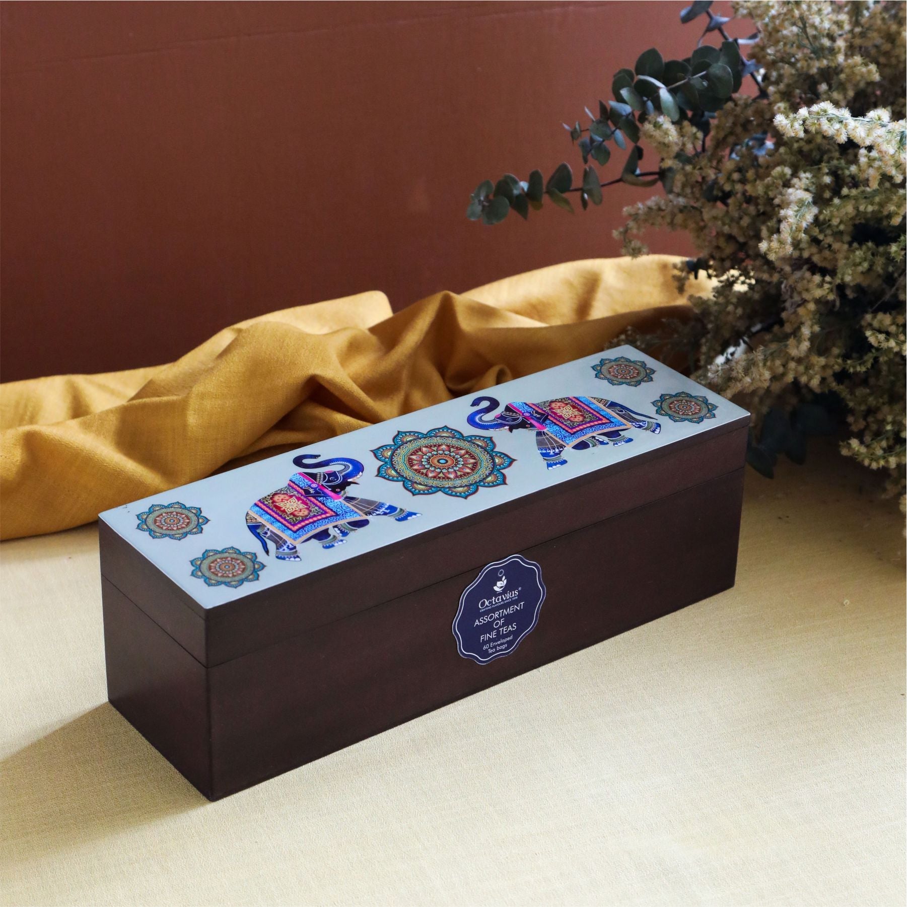 Assortment of Fine Teas- 60 Teabags in Elephant Print Wooden Box 60teabags