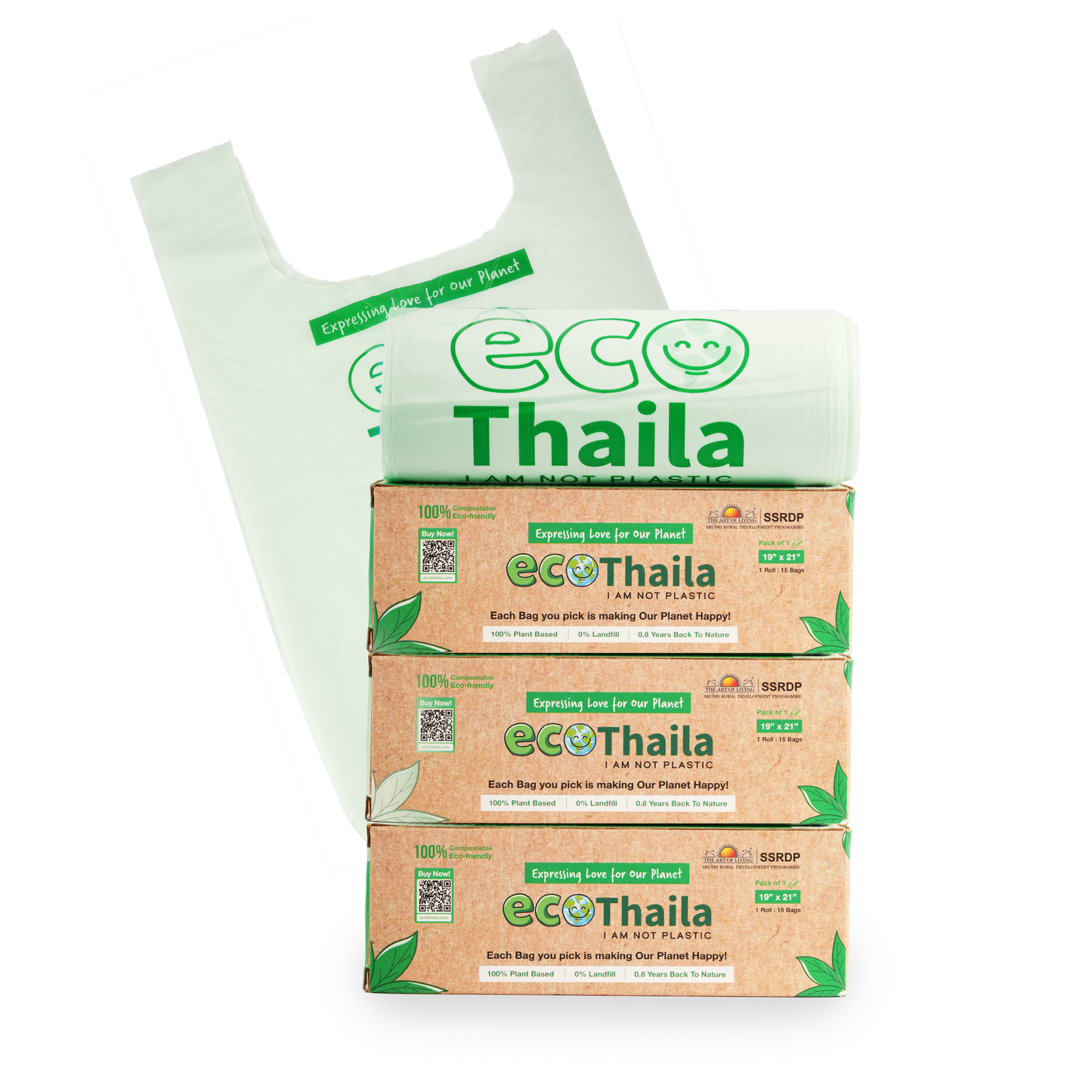 Eco Thaila - ECO Friendly Garbage Bags With Easy - Tie Handles | 45 bags (3 Boxes 15 bags each) | Compostable & Biodegradable 100g