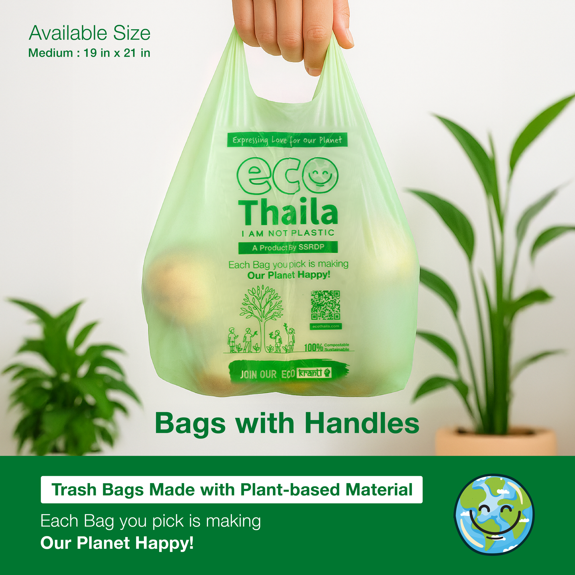 Eco Thaila - ECO Friendly Garbage Bags With Easy - Tie Handles | 45 bags (3 Boxes 15 bags each) | Compostable & Biodegradable 100g