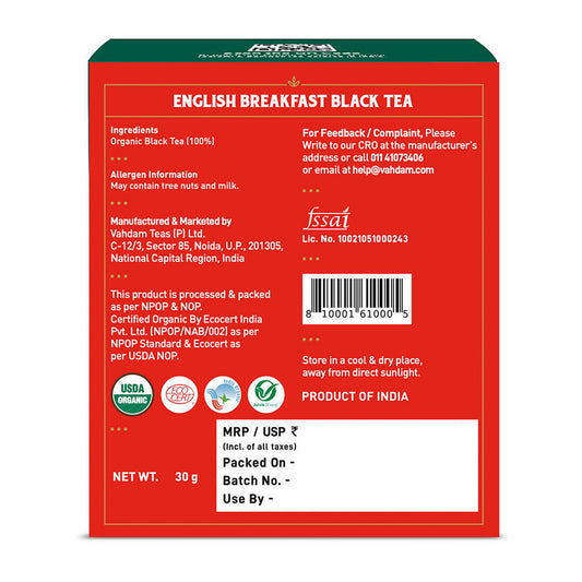 【VAHDAM】 English Breakfast Black Tea, 15 Count｜イングリッシュブレックファスト ブラックティー｜15 Count