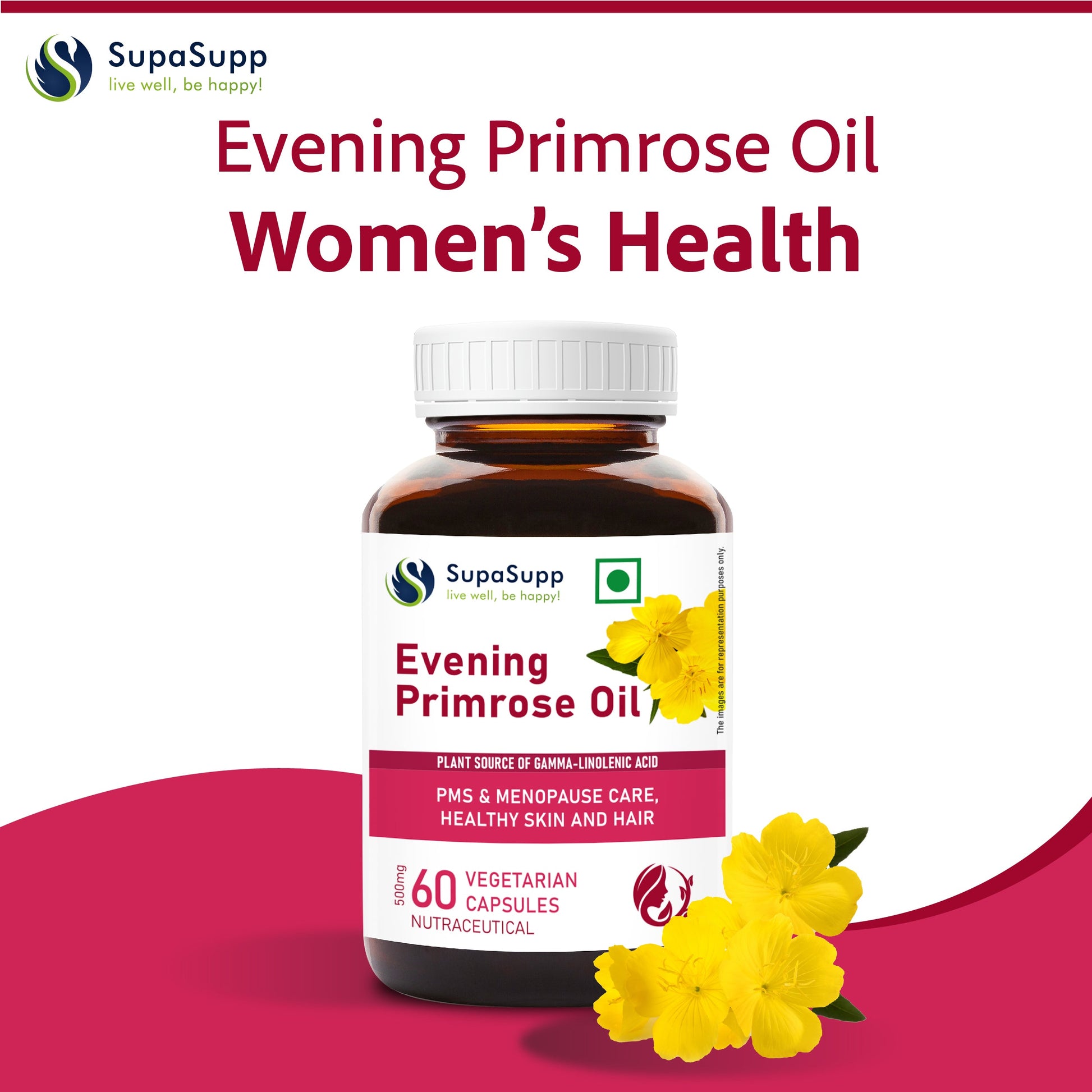 SupaSupp Evening Primrose Oil - Women's Health | Plant Source Of Gamma-Linolenic Acid | Health Supplement | 60 Veg Cap, 500 mg 500mg