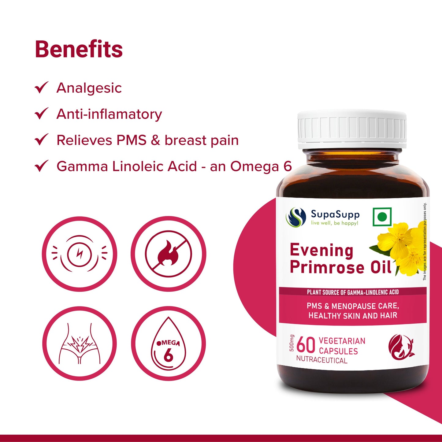 SupaSupp Evening Primrose Oil - Women's Health | Plant Source Of Gamma-Linolenic Acid | Health Supplement | 60 Veg Cap, 500 mg 500mg