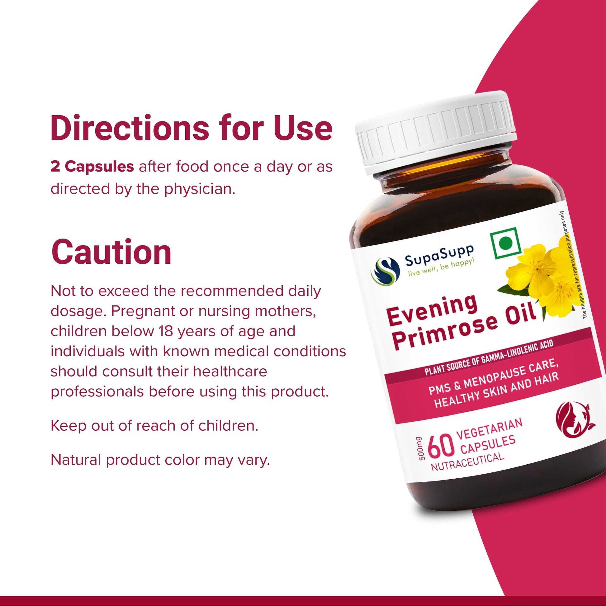 SupaSupp Evening Primrose Oil - Women's Health | Plant Source Of Gamma-Linolenic Acid | Health Supplement | 60 Veg Cap, 500 mg 500mg