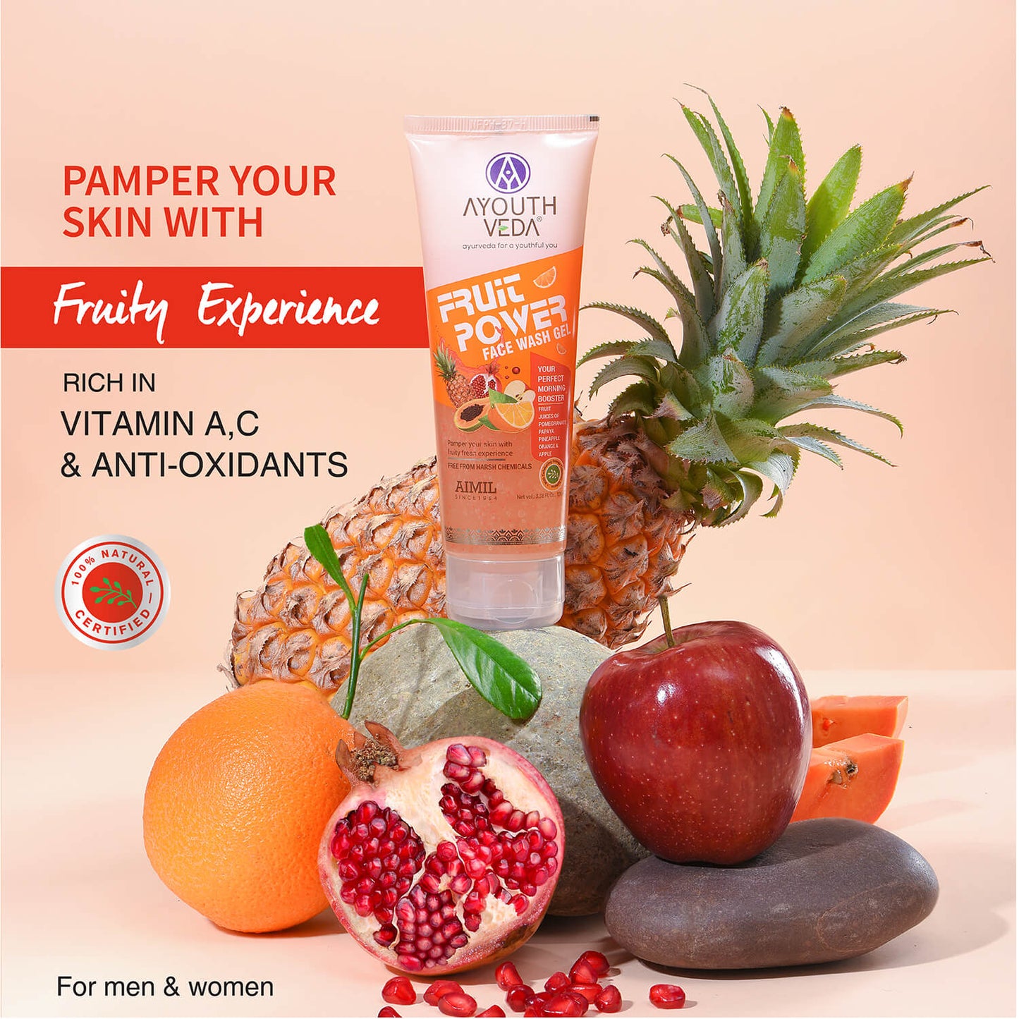Fruit Power Face Wash Gel | With 5 Fruit Juices, Aloe Vera & Coconut Water | Refreshing Cleanser That Removes Dirt, Improves Skin Texture & Natural Glow | For All Skin Types | Net Qty - 100ml - Single 100ml