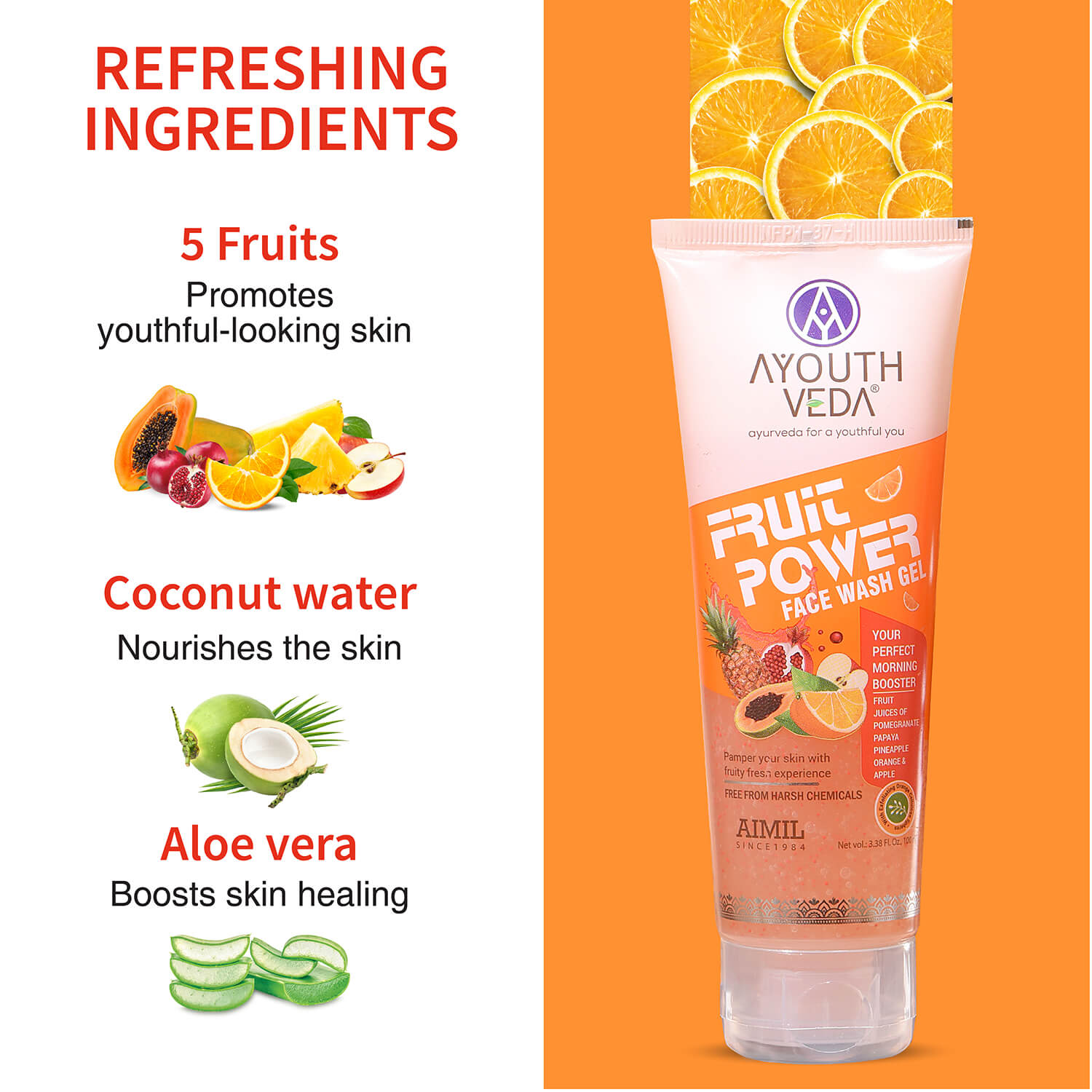 Fruit Power Face Wash Gel | With 5 Fruit Juices, Aloe Vera & Coconut Water | Refreshing Cleanser That Removes Dirt, Improves Skin Texture & Natural Glow | For All Skin Types | Net Qty - 100ml - Single 100ml