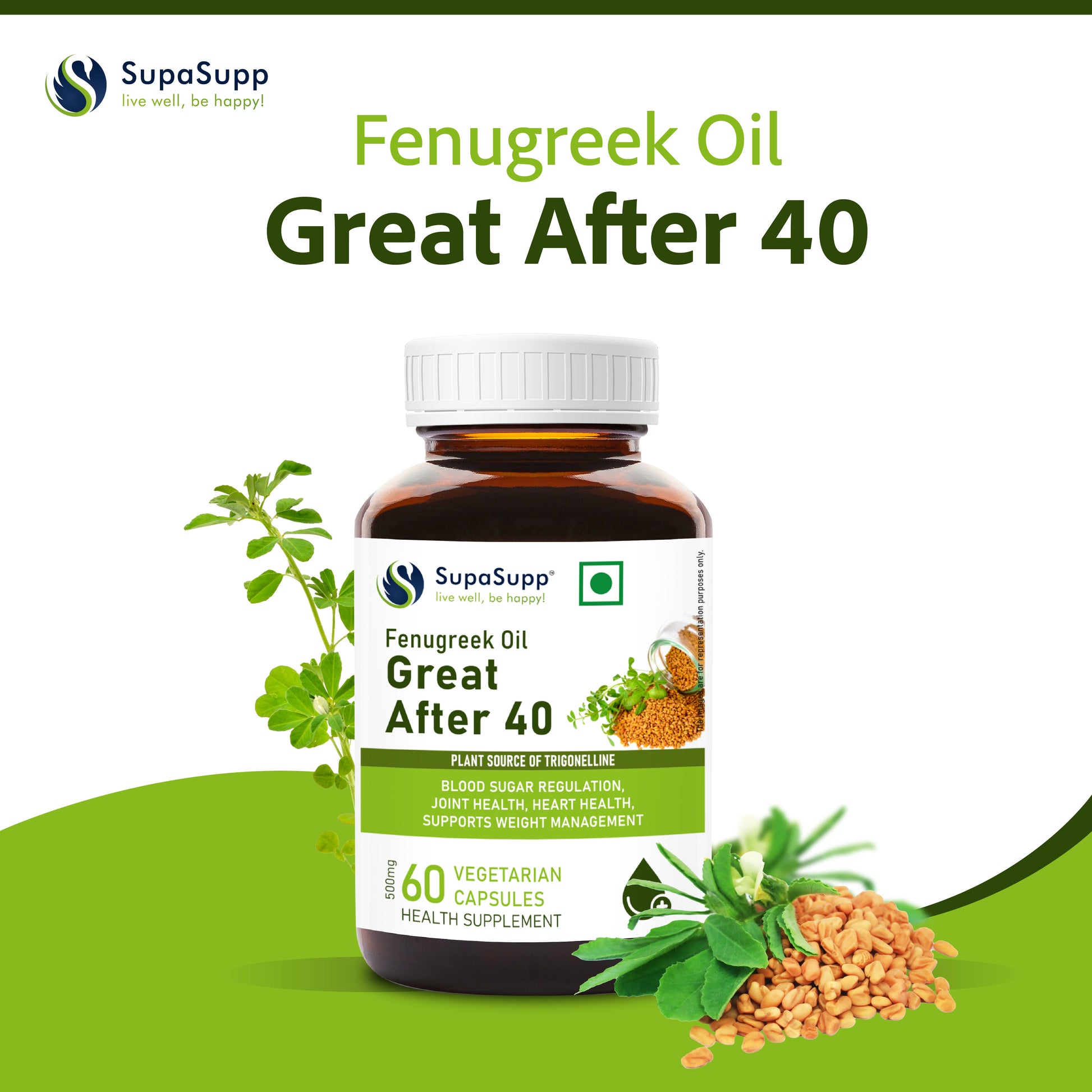 SupaSupp Fenugreek Oil Great After 40 | Blood Sugar Regulation, Joint Health, Heart Health, Supports Weight Management | Health Supplement | 60 Veg Cap, 500 mg 500mg