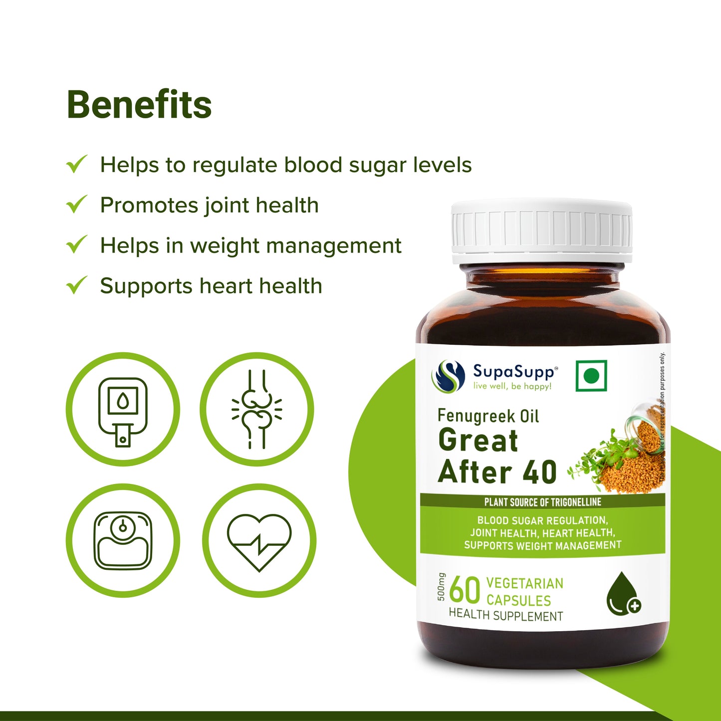 SupaSupp Fenugreek Oil Great After 40 | Blood Sugar Regulation, Joint Health, Heart Health, Supports Weight Management | Health Supplement | 60 Veg Cap, 500 mg 500mg