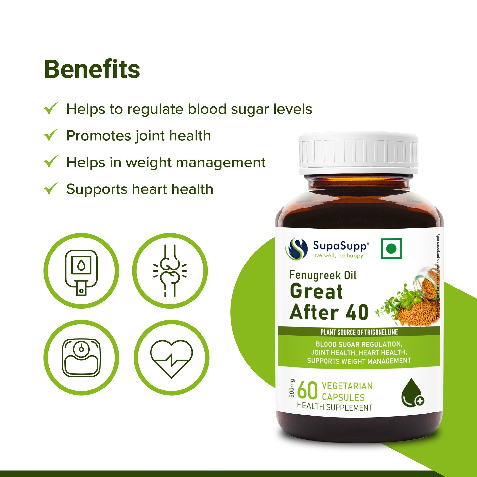 SupaSupp Fenugreek Oil Great After 40 | Blood Sugar Regulation, Joint Health, Heart Health, Supports Weight Management | Health Supplement | 60 Veg Cap, 500 mg 500mg