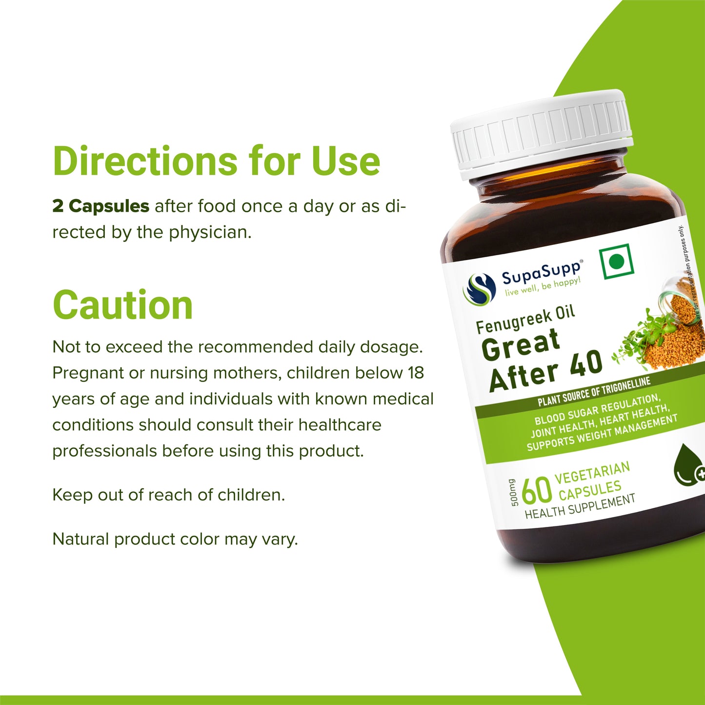 SupaSupp Fenugreek Oil Great After 40 | Blood Sugar Regulation, Joint Health, Heart Health, Supports Weight Management | Health Supplement | 60 Veg Cap, 500 mg 500mg