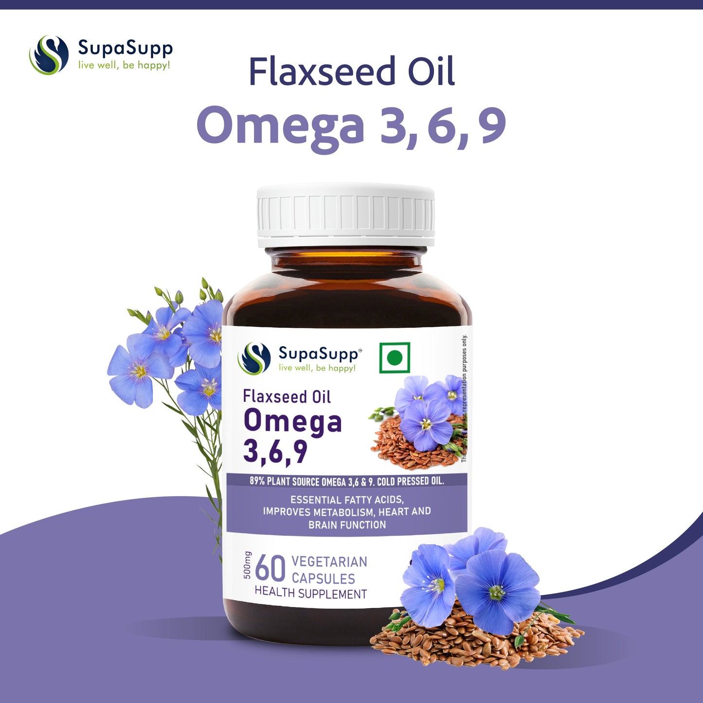 SupaSupp Flaxseed Oil Omega 3,6,9 | Essential Fatty Acids, Improves Metabolism, Heart And Brain Function | Health Supplement | 60 Veg Cap, 500 mg 500mg