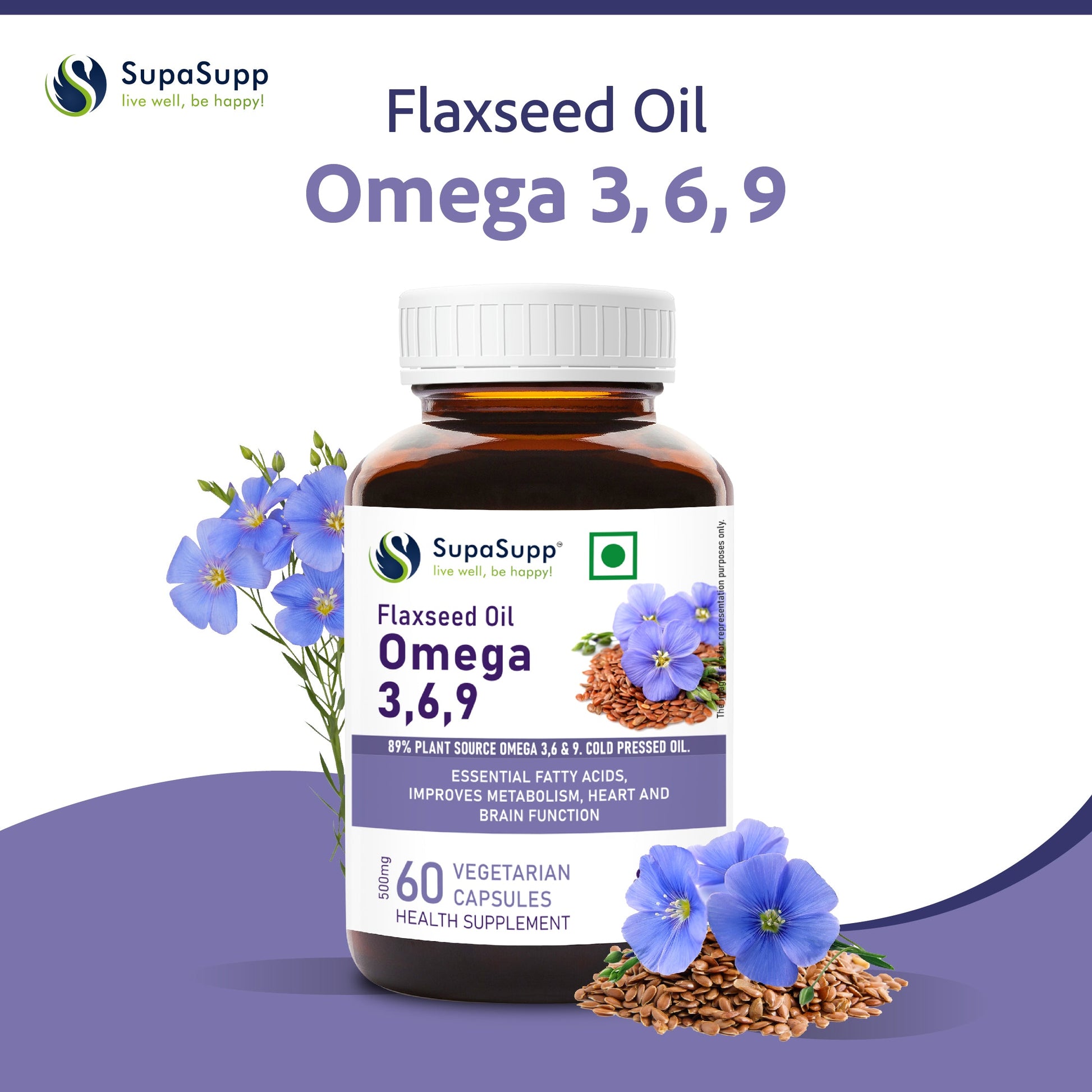 SupaSupp Flaxseed Oil Omega 3,6,9 | Essential Fatty Acids, Improves Metabolism, Heart And Brain Function | Health Supplement | 60 Veg Cap, 500 mg 500mg