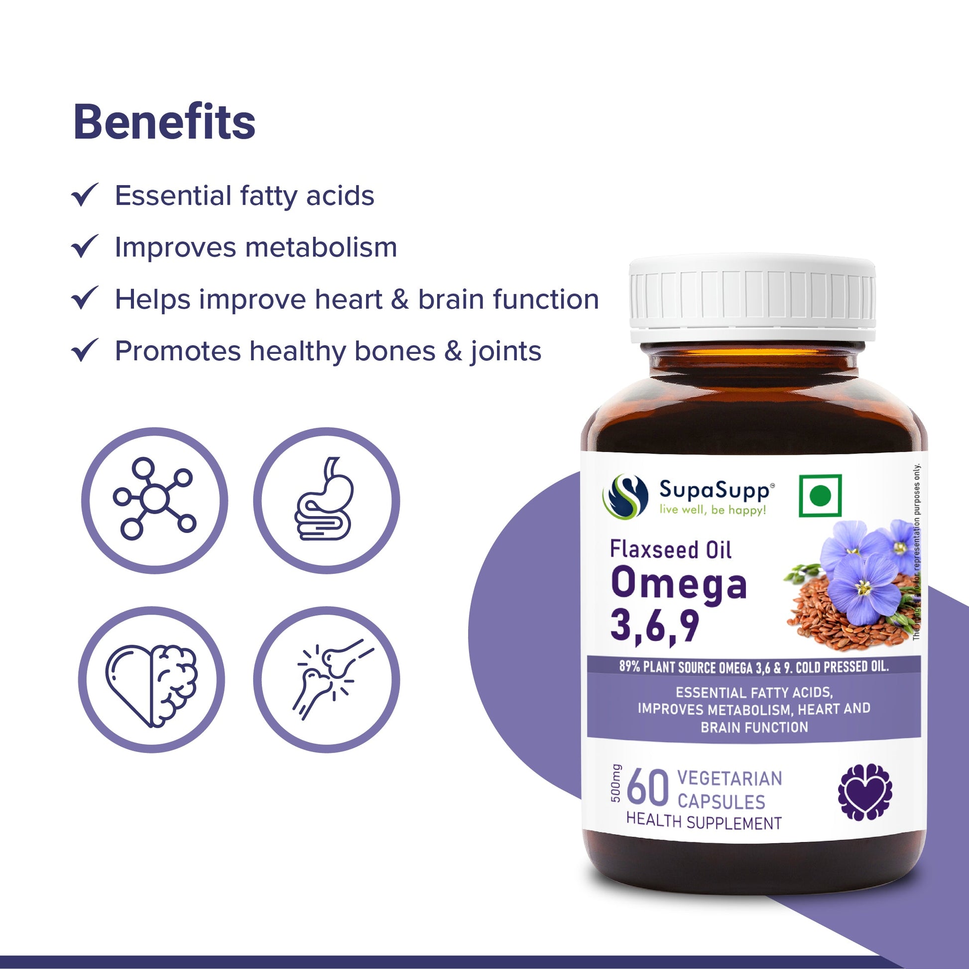 SupaSupp Flaxseed Oil Omega 3,6,9 | Essential Fatty Acids, Improves Metabolism, Heart And Brain Function | Health Supplement | 60 Veg Cap, 500 mg 500mg