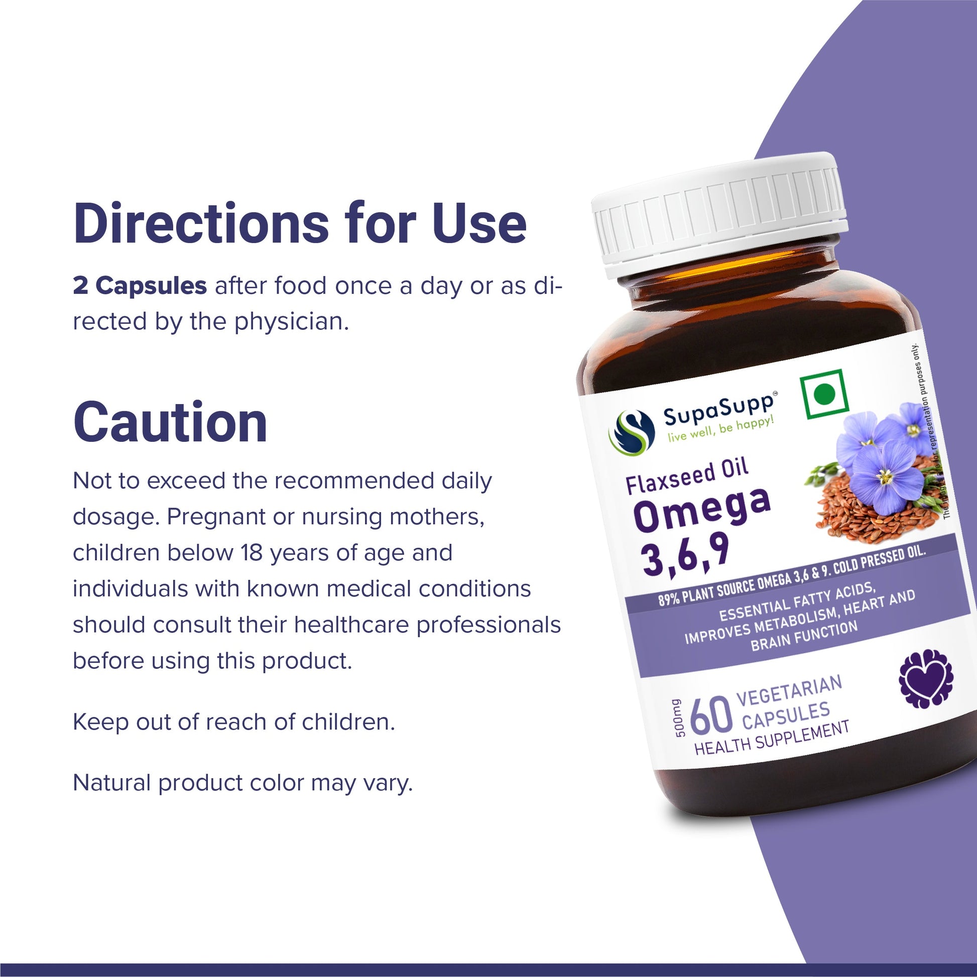 SupaSupp Flaxseed Oil Omega 3,6,9 | Essential Fatty Acids, Improves Metabolism, Heart And Brain Function | Health Supplement | 60 Veg Cap, 500 mg 500mg