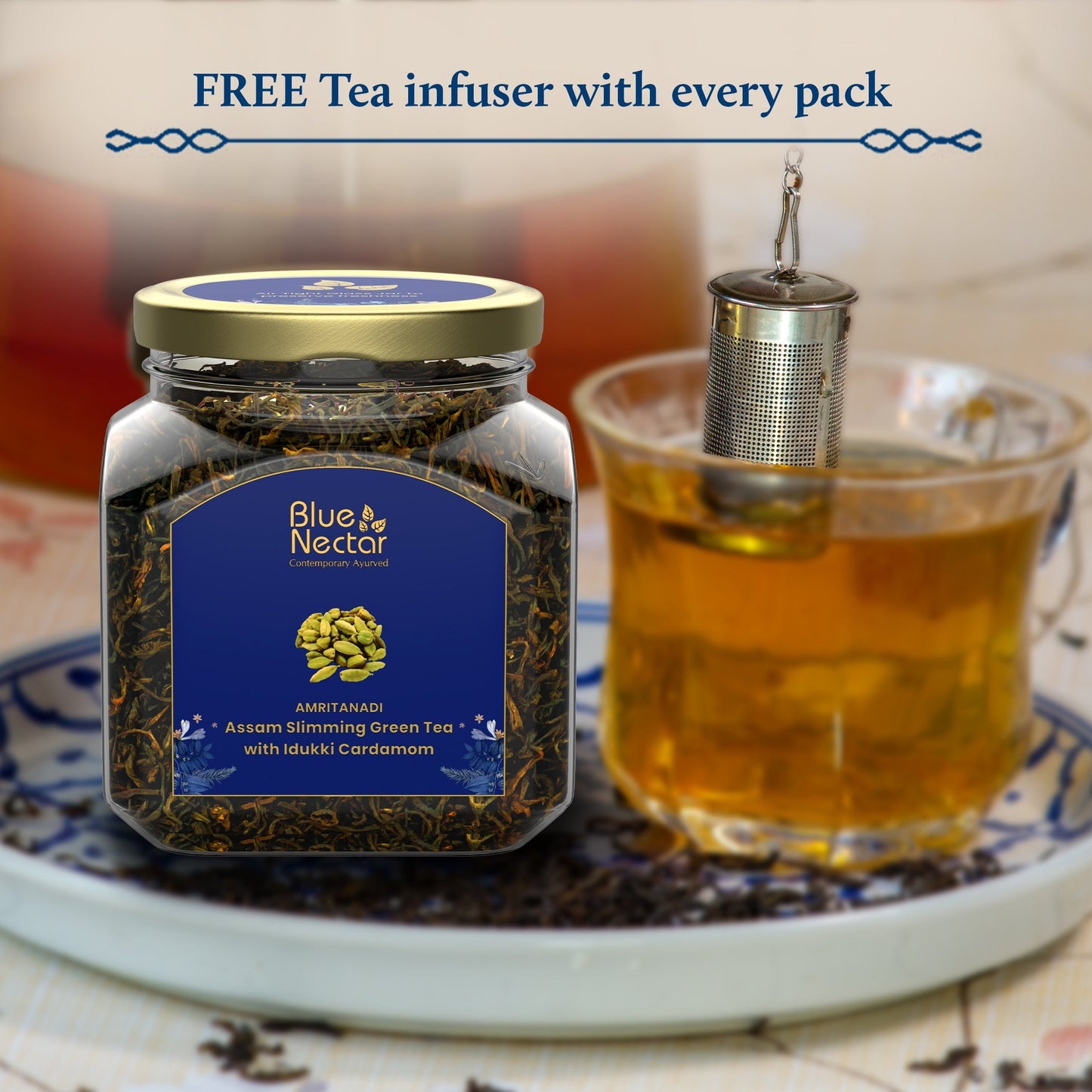 Idukki Cardamom Green Tea for Weight Management & Skincare | Air-Tight Glass Jar with Free Tea Infuser (50 g + 15 g Free | 33 cups) 50g