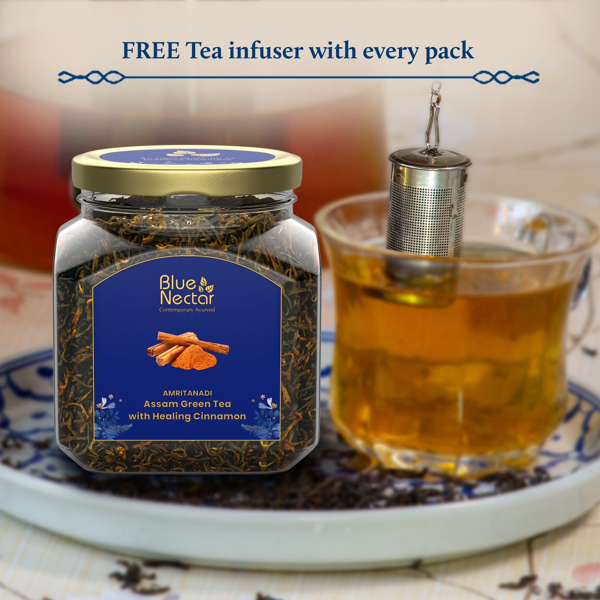Cinnamon Green Tea to Boost Metabolism | Air-Tight Glass Jar with Free Tea Infuser (50 g + 15 g Free | 33 cups) 50g