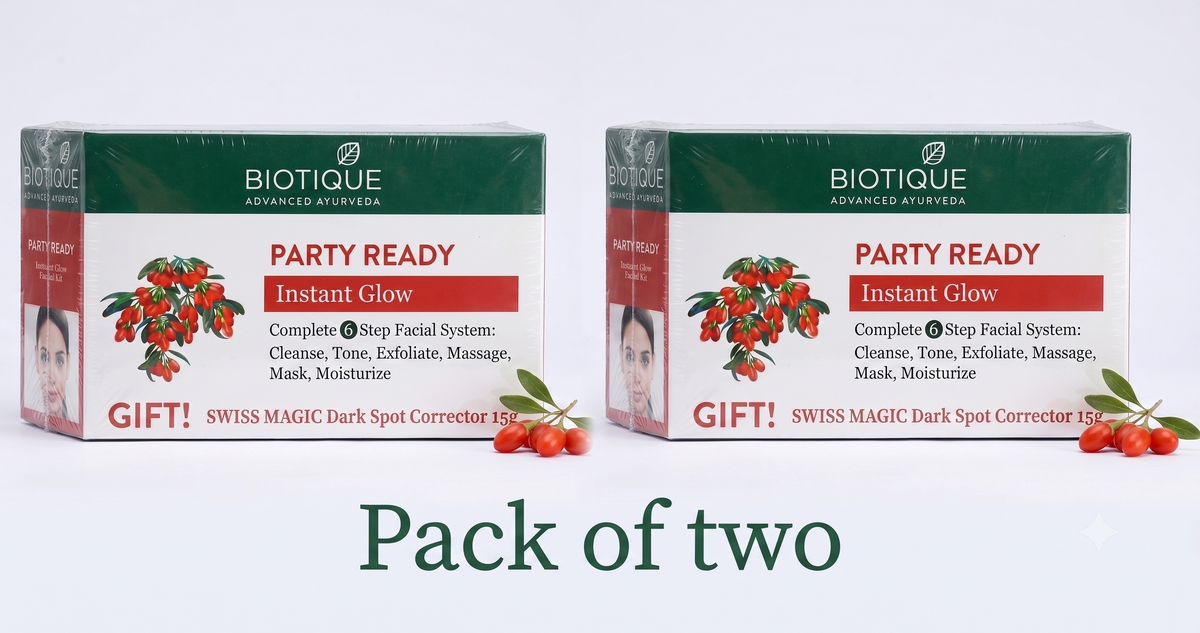 【Biotique】 Party Ready Instant Glow Facial Kit (5×10g + 15g, Pack of 2)｜パーティーレディ フェイシャルキット｜5×10g+15g×2箱