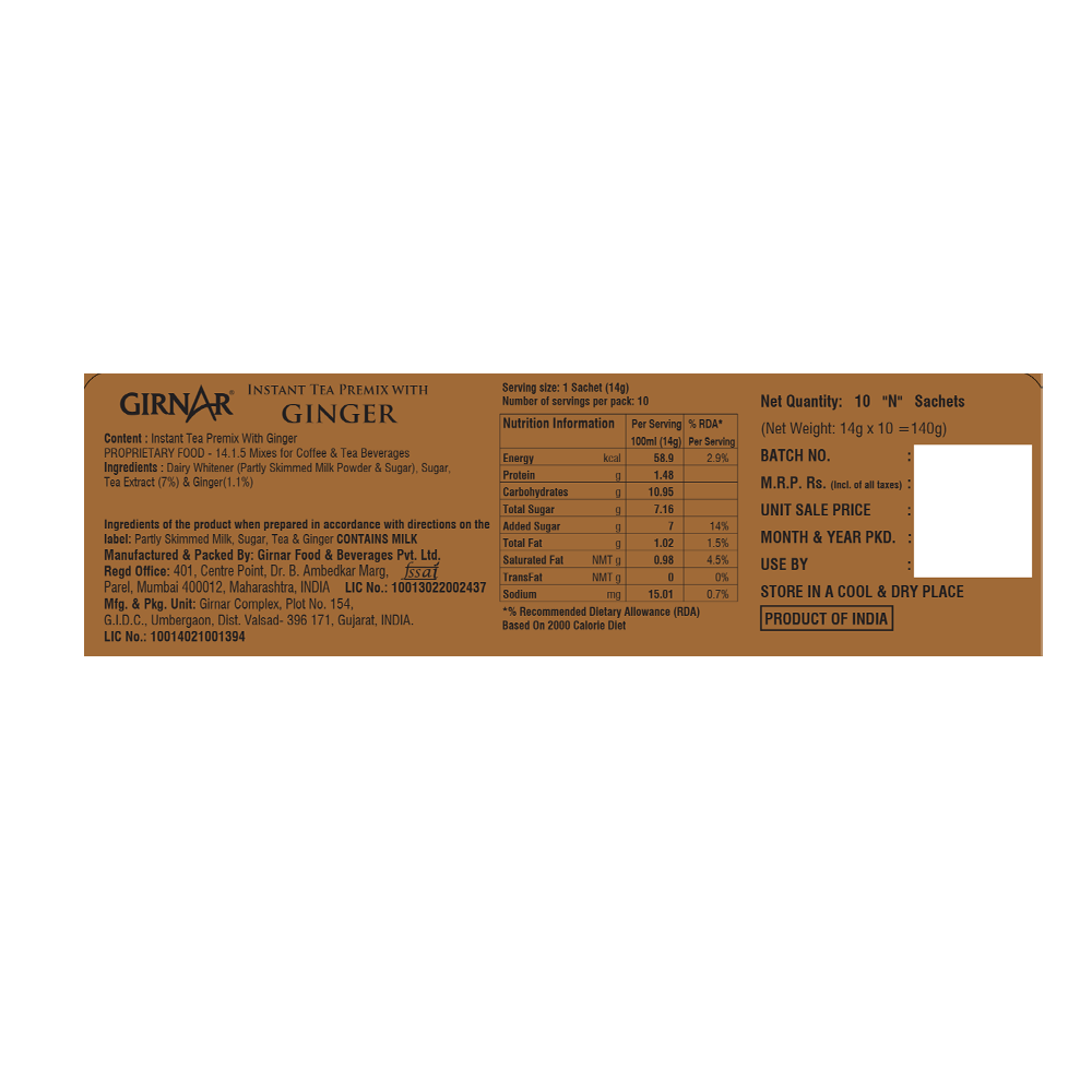 Instant Tea Premix With Ginger 36 Sachets