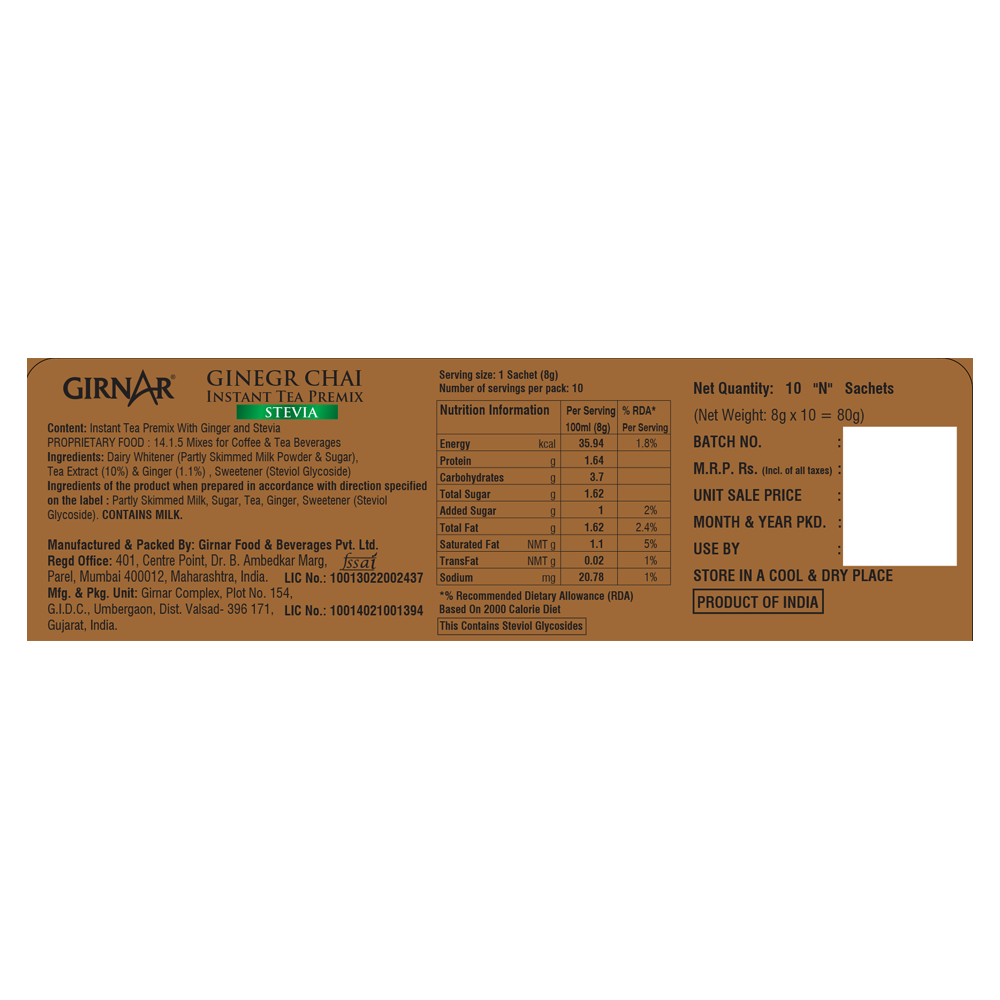 Instant Ginger Chai Premix With Stevia 10 Sachets
