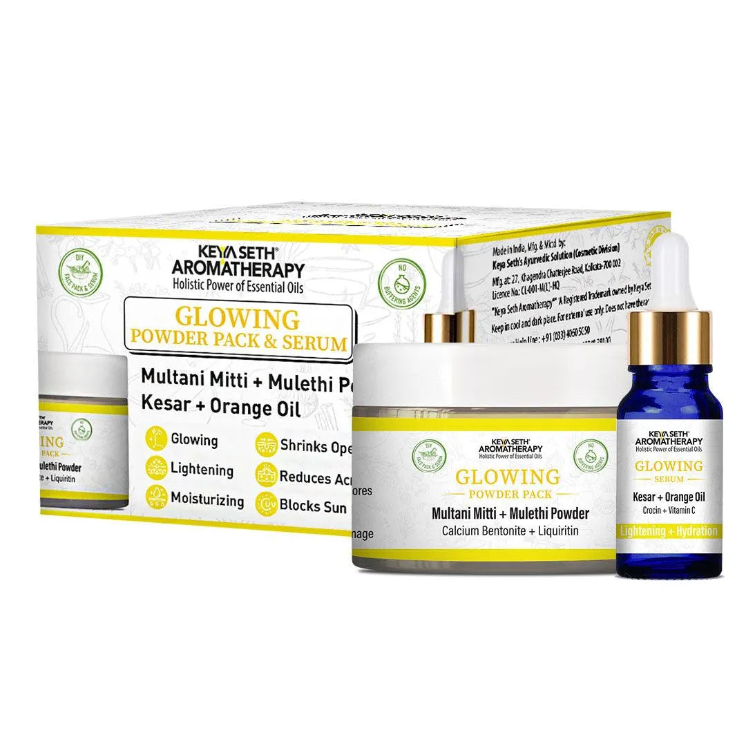 Glowing Powder Pack  & Serum Facial Kit, Multani Mulethi, Kesar & Orange Oil, Open Pores,Lightening,Acne, Hydration 100g