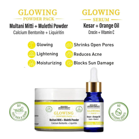 Glowing Powder Pack  & Serum Facial Kit, Multani Mulethi, Kesar & Orange Oil, Open Pores,Lightening,Acne, Hydration 100g