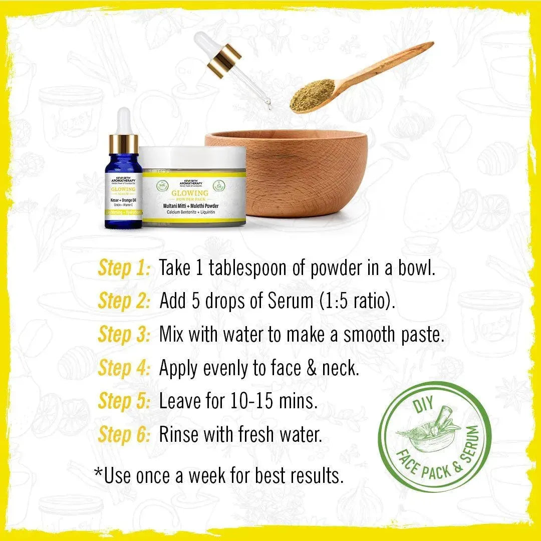 Glowing Powder Pack  & Serum Facial Kit, Multani Mulethi, Kesar & Orange Oil, Open Pores,Lightening,Acne, Hydration 100g