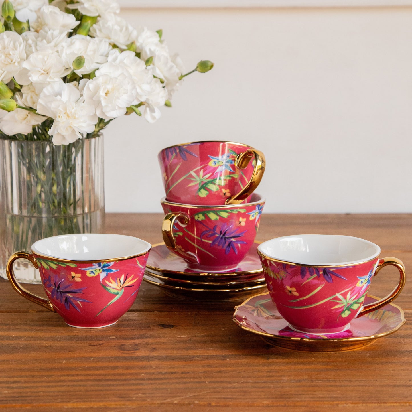 Imperial Crimson Bloom Tea Set (6 Cups & Saucers) – 200 ml 200ml