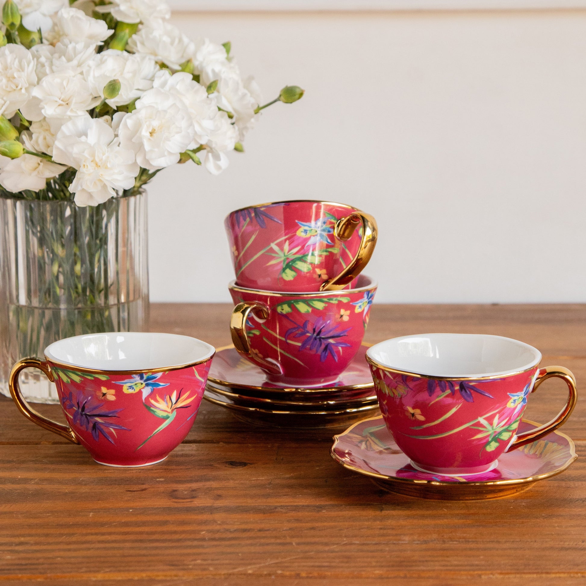Imperial Crimson Bloom Tea Set (6 Cups & Saucers) – 200 ml 200ml