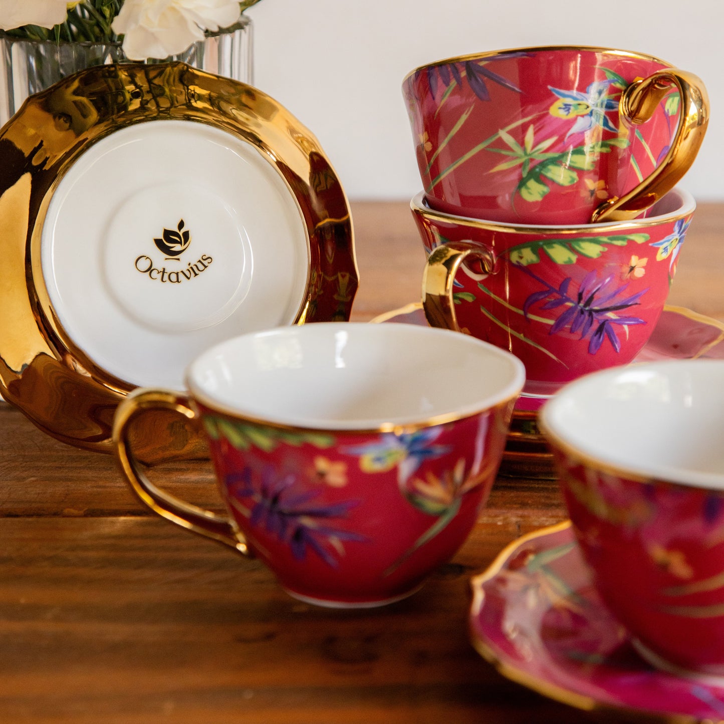 Imperial Crimson Bloom Tea Set (6 Cups & Saucers) – 200 ml 200ml