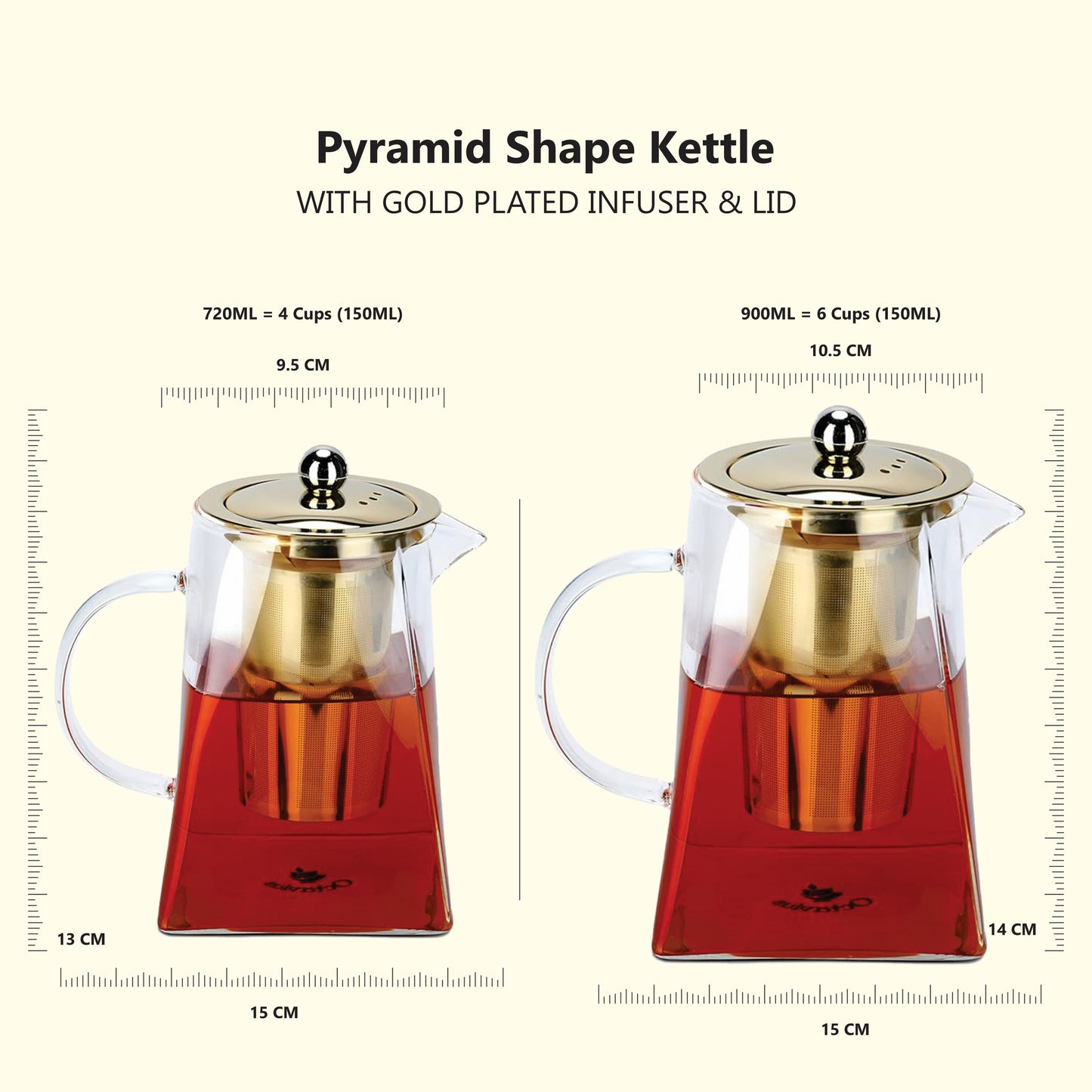 Pyramid Shaped Borosilicate Glass Kettle with Gold Plated Infuser and Lid 720ML