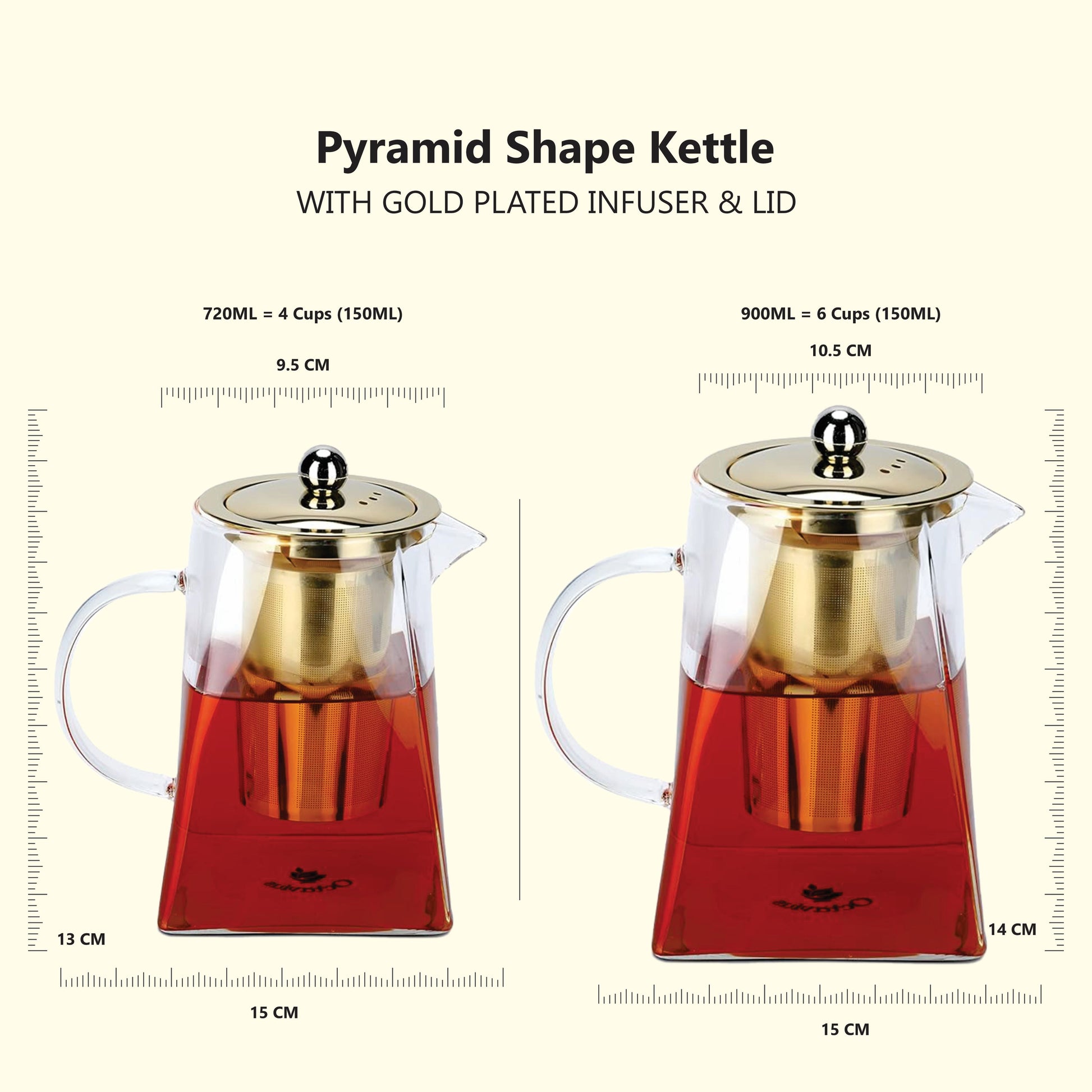 Pyramid Shaped Borosilicate Glass Kettle with Gold Plated Infuser and Lid 720ML