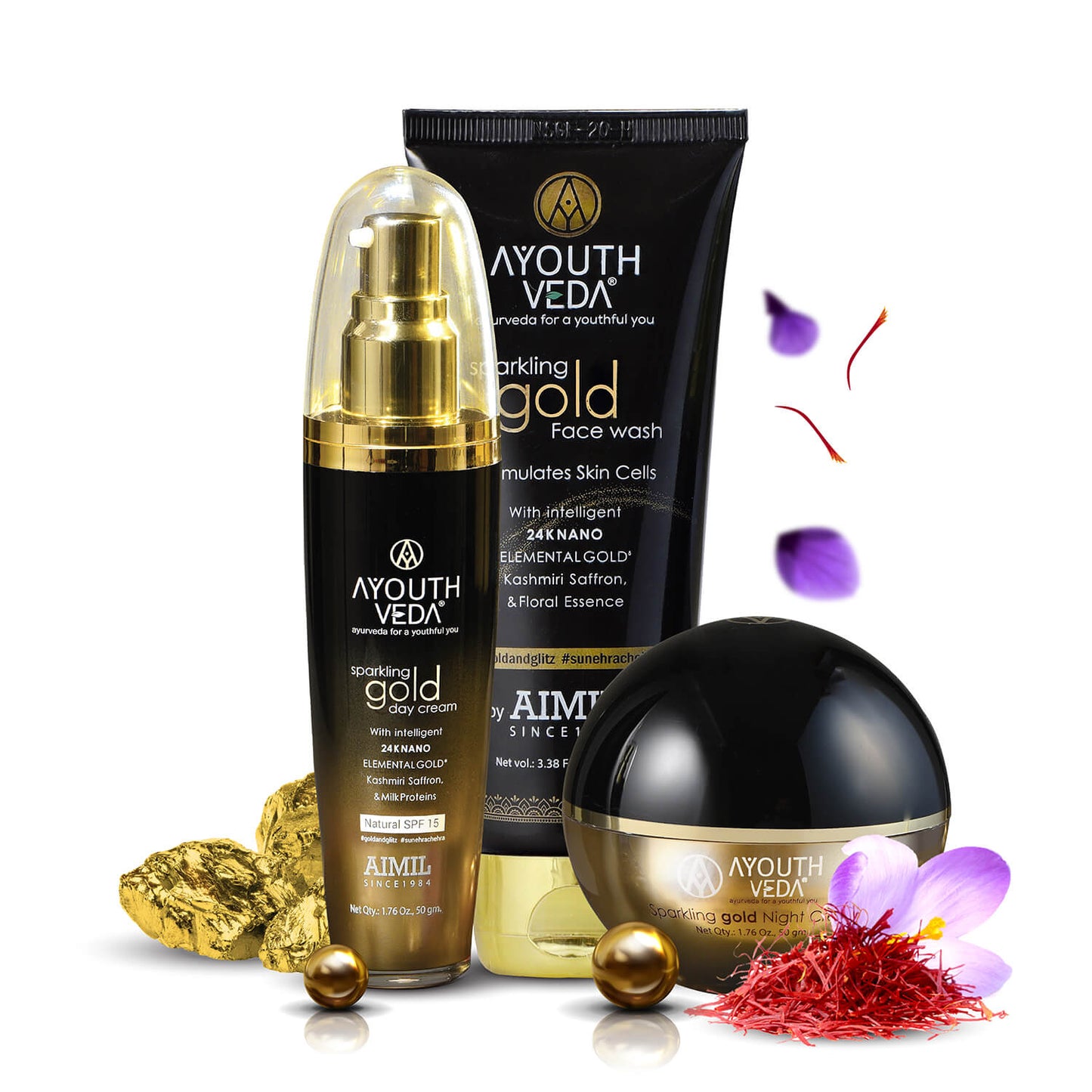 Anti Aging Regimen With 24k Gold & Saffron | Gold face wash 100ml , Day Cream 50g, Night Cream 50g 100ml