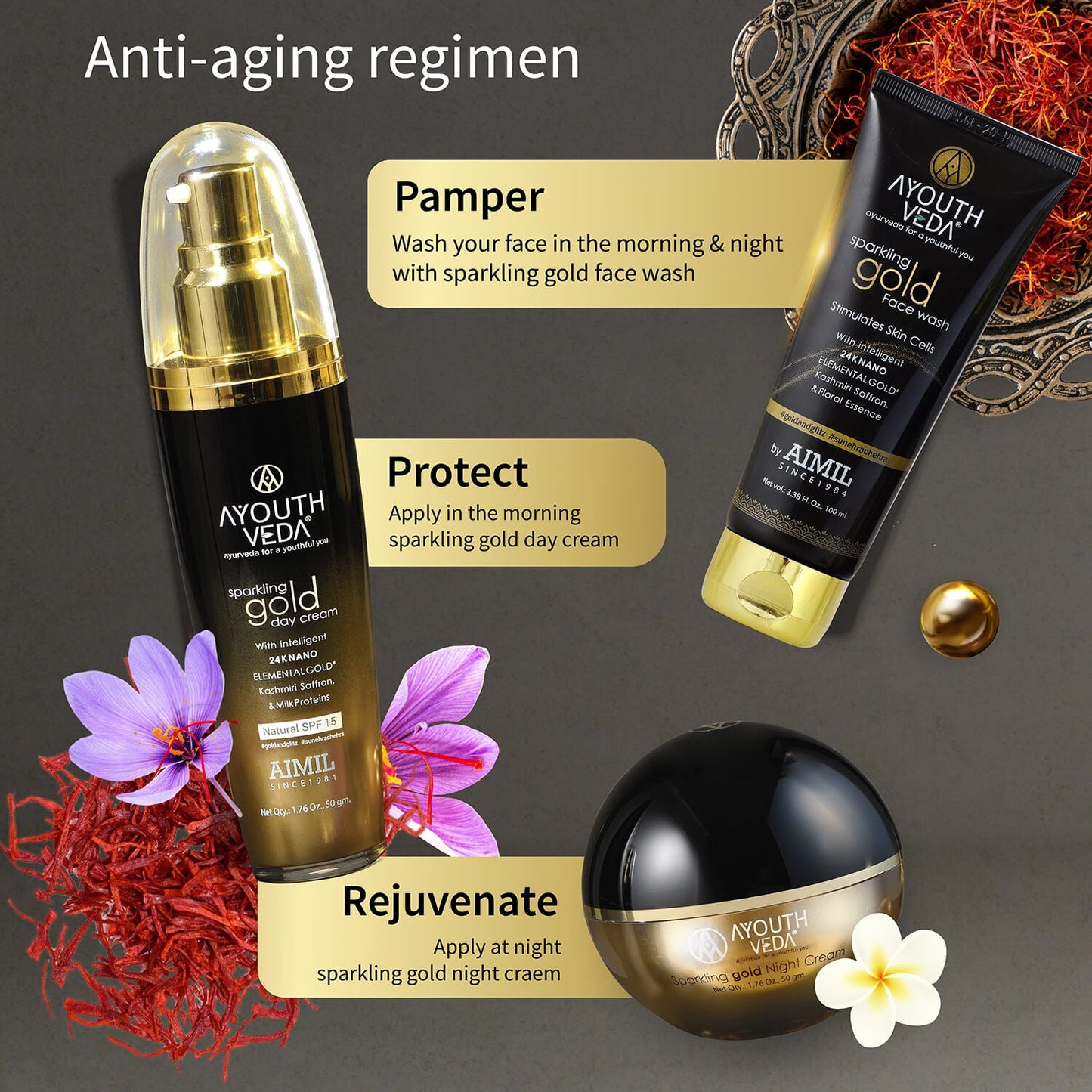 Anti Aging Regimen With 24k Gold & Saffron | Gold face wash 100ml , Day Cream 50g, Night Cream 50g 100ml