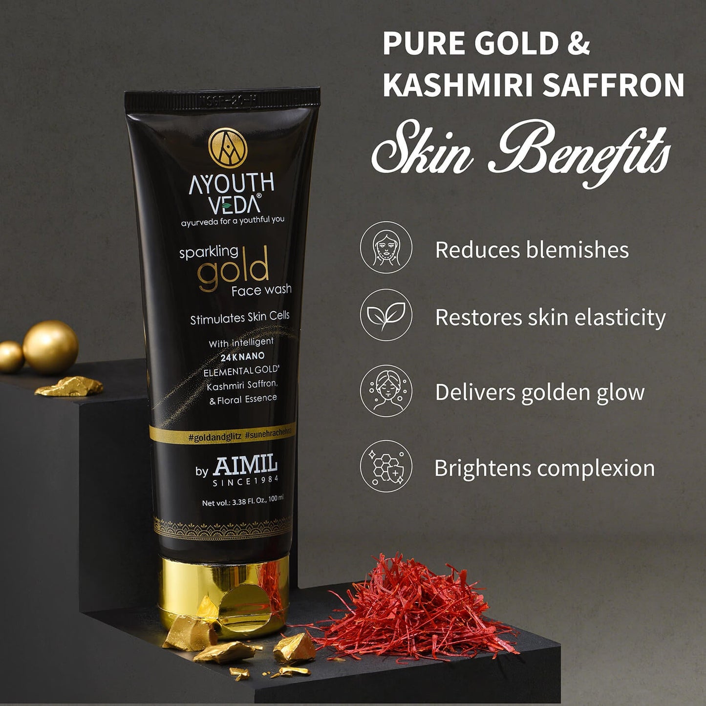 Anti Aging Regimen With 24k Gold & Saffron | Gold face wash 100ml , Day Cream 50g, Night Cream 50g 100ml