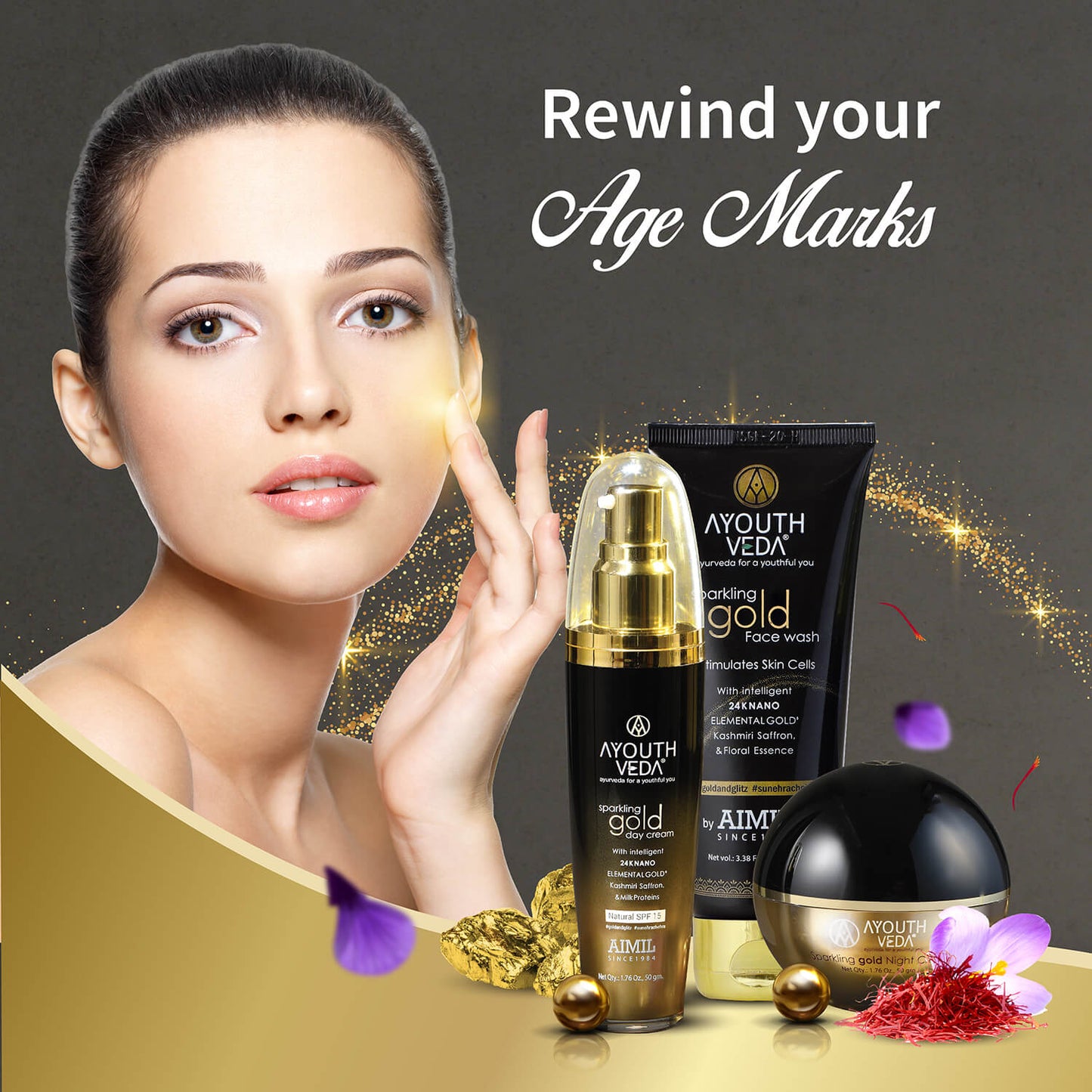 Anti Aging Regimen With 24k Gold & Saffron | Gold face wash 100ml , Day Cream 50g, Night Cream 50g 100ml