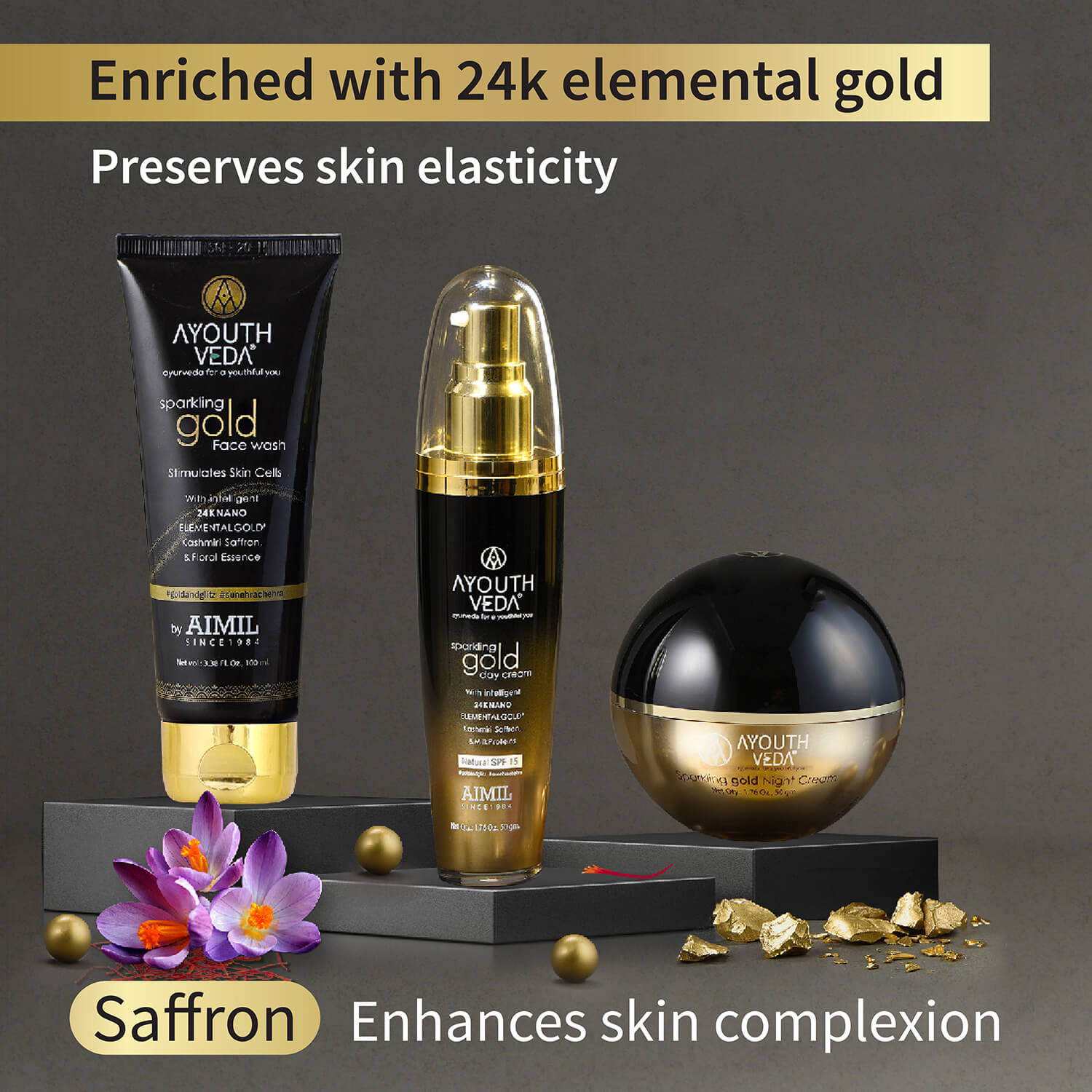 Anti Aging Regimen With 24k Gold & Saffron | Gold face wash 100ml , Day Cream 50g, Night Cream 50g 100ml