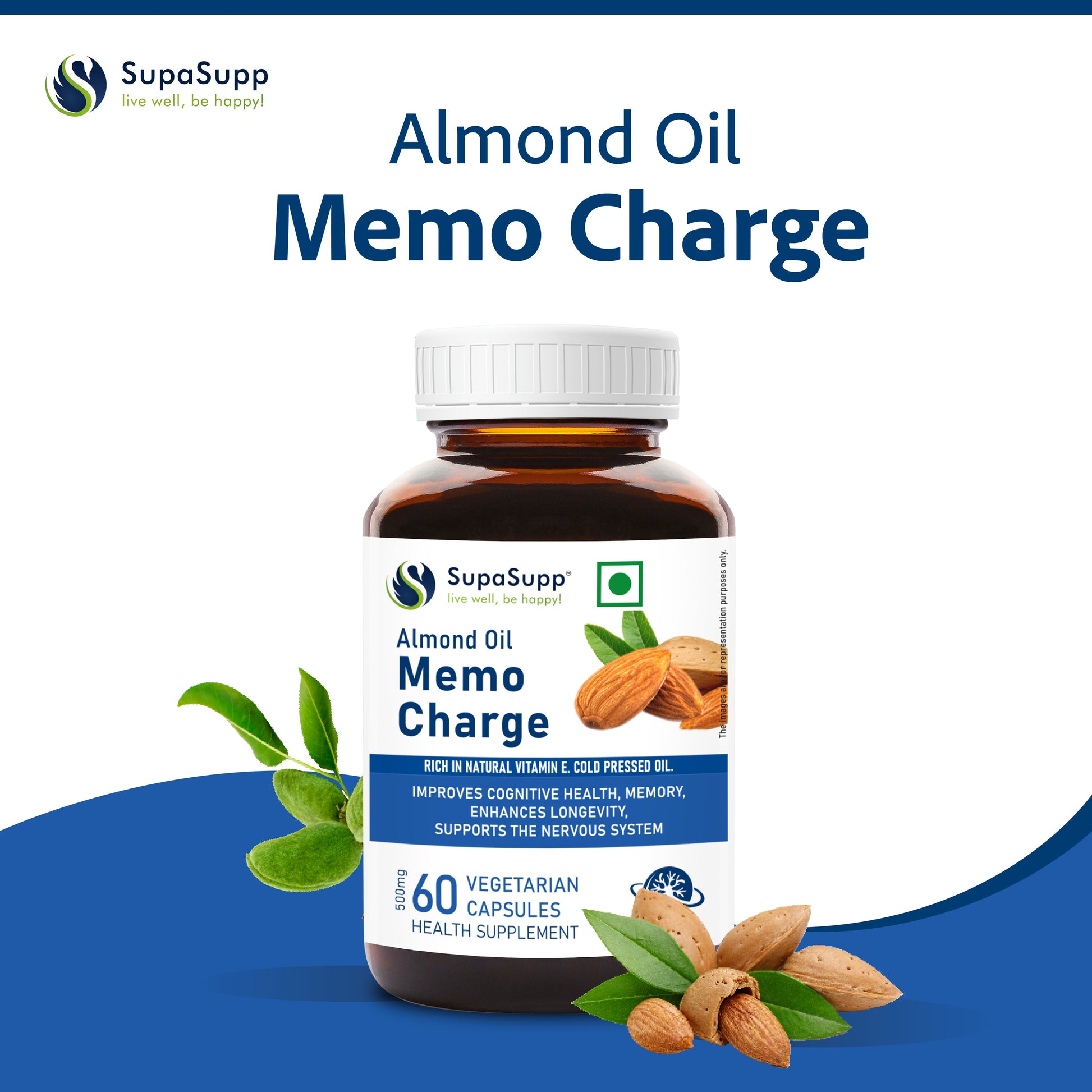 SupaSupp Almond Oil Memo Charge | Improves Memory, Enhances Longevity, Supports Nervous System | Vitamin E | Health Supplement | 60 Veg Cap, 500 mg 500mg