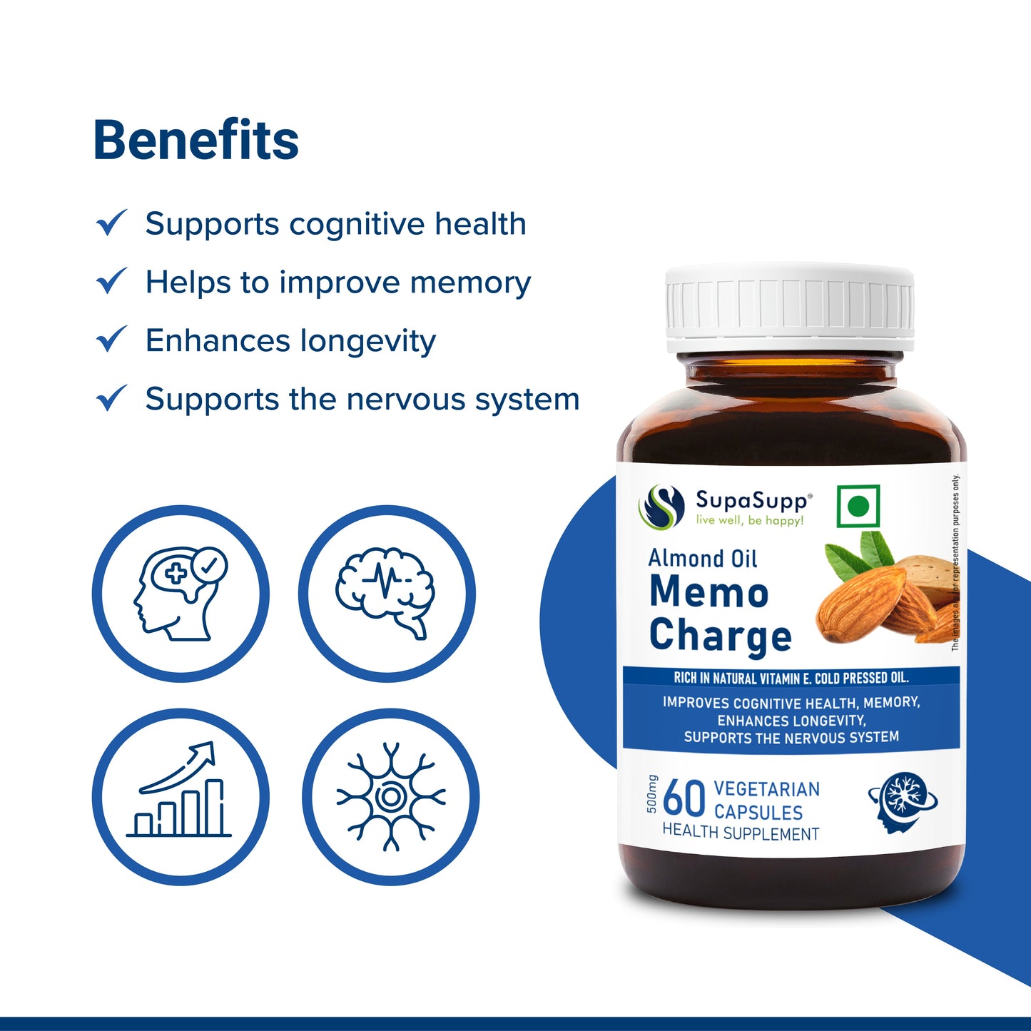 SupaSupp Almond Oil Memo Charge | Improves Memory, Enhances Longevity, Supports Nervous System | Vitamin E | Health Supplement | 60 Veg Cap, 500 mg 500mg