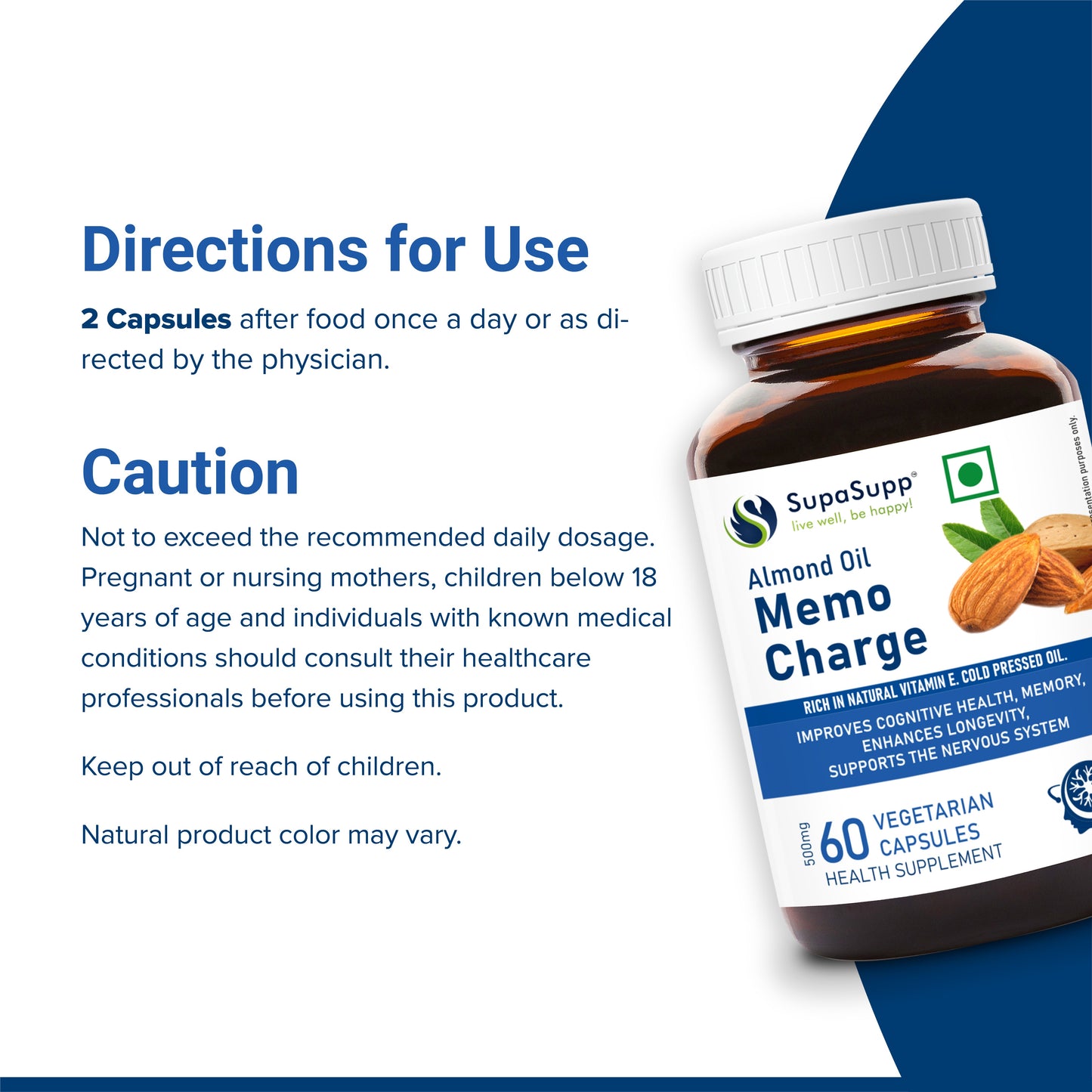 SupaSupp Almond Oil Memo Charge | Improves Memory, Enhances Longevity, Supports Nervous System | Vitamin E | Health Supplement | 60 Veg Cap, 500 mg 500mg