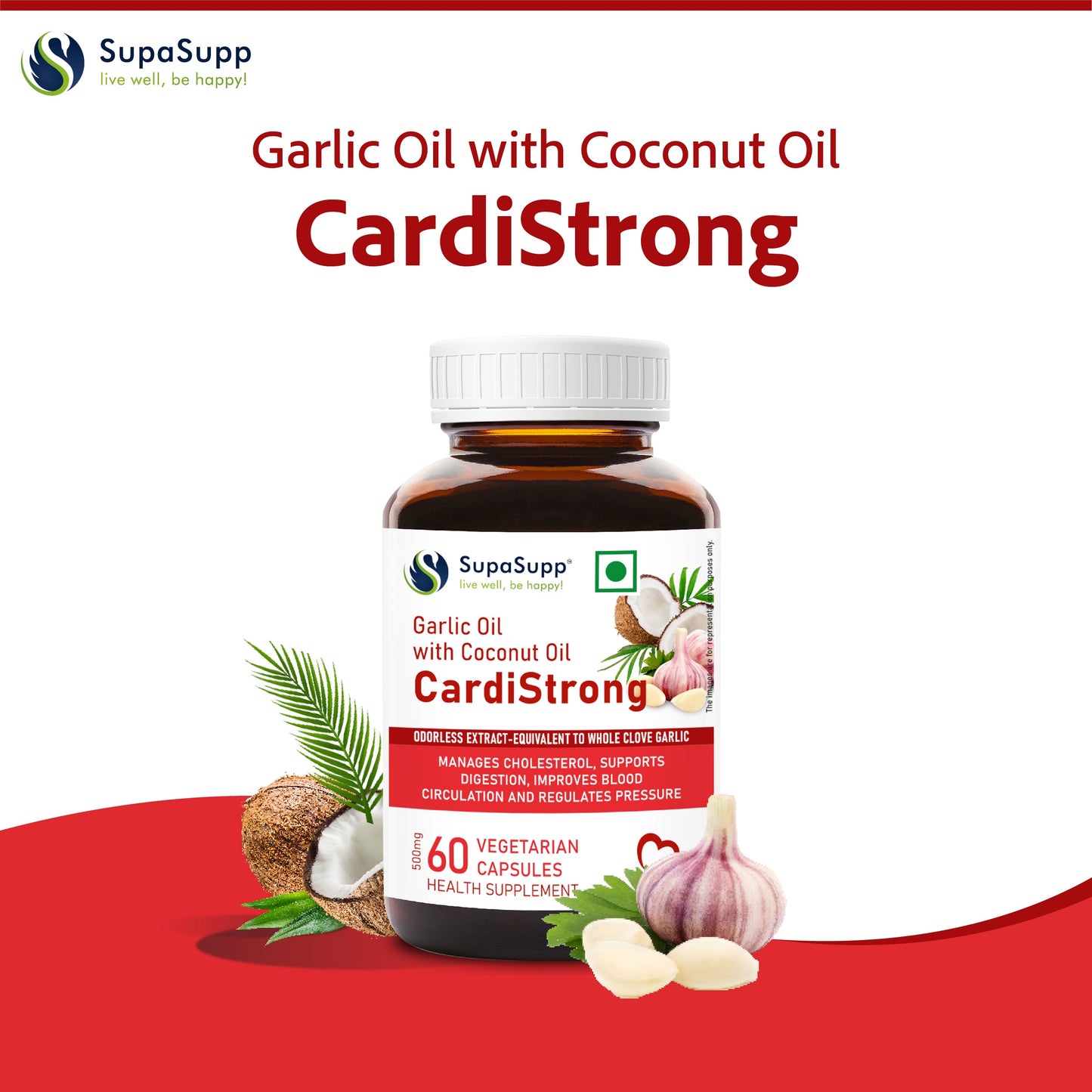 SupaSupp Garlic Oil With Coconut Oil, CardiStrong | Manages Cholesterol, Supports Digestion, Improves Blood Circulation And Regulates Pressure | Health Supplement | 60 Veg Cap, 500 mg 500mg