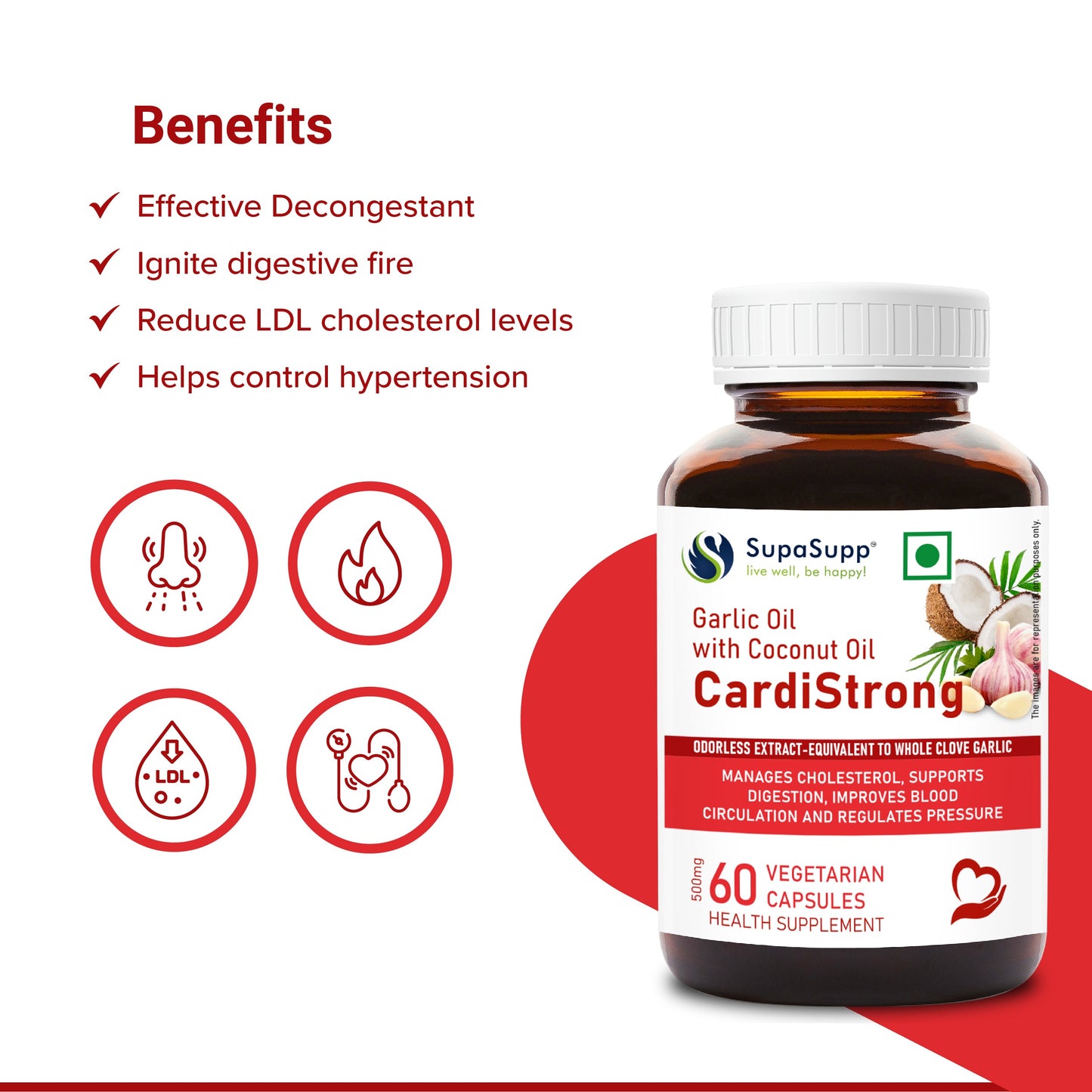SupaSupp Garlic Oil With Coconut Oil, CardiStrong | Manages Cholesterol, Supports Digestion, Improves Blood Circulation And Regulates Pressure | Health Supplement | 60 Veg Cap, 500 mg 500mg