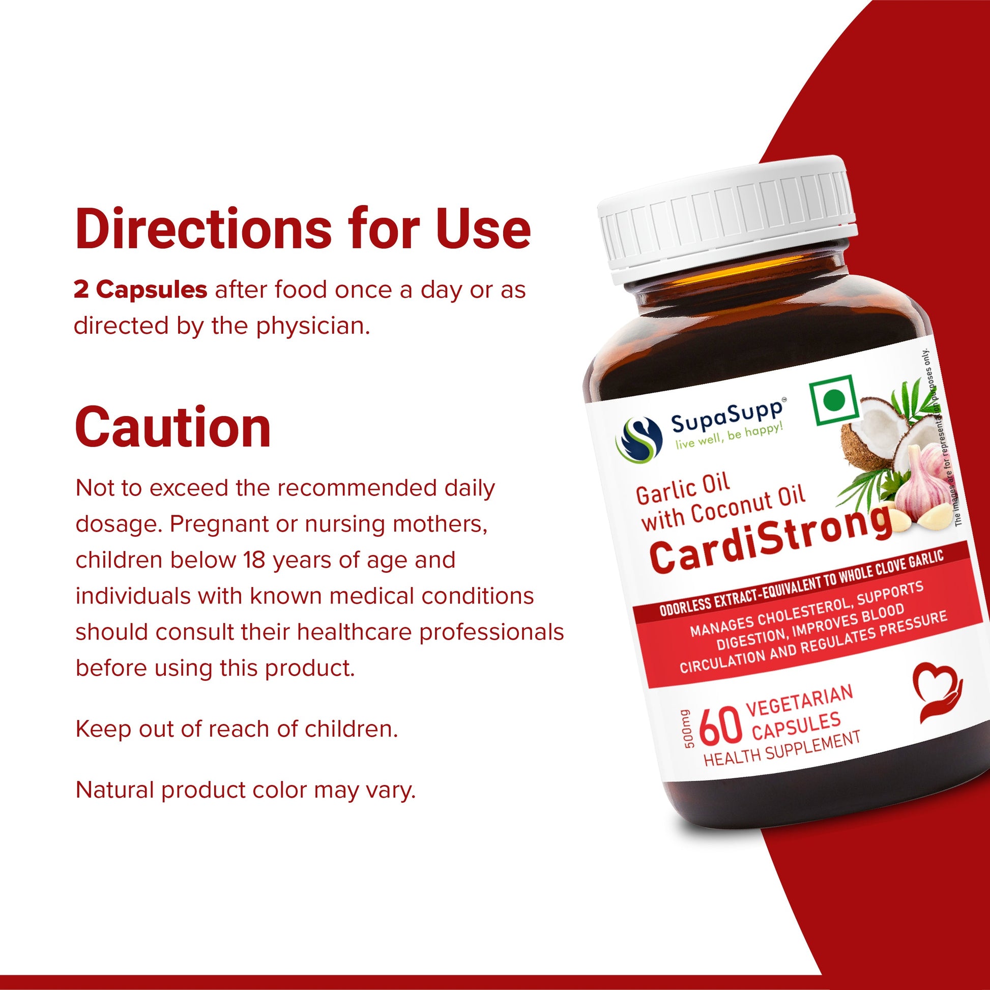 SupaSupp Garlic Oil With Coconut Oil, CardiStrong | Manages Cholesterol, Supports Digestion, Improves Blood Circulation And Regulates Pressure | Health Supplement | 60 Veg Cap, 500 mg 500mg