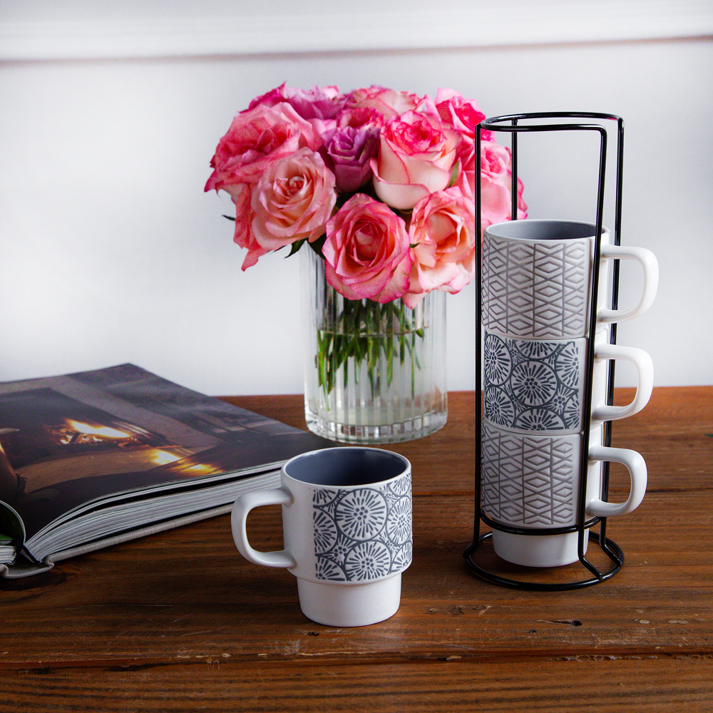 GeoBloom Stacking Mug Set (4 pcs with Stand) – 150 ml each 4pcs