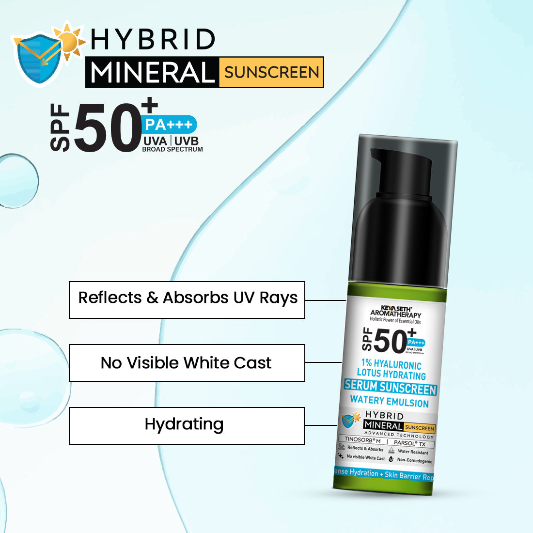 1% Hyaluronic Lotus Hydrating Serum Hybrid Mineral Sunscreen SPF 50 PA+++, Watery Emulsion,No White Cast, Water Resistant, Tinosorb M + Parsol TX 50ml