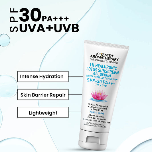 1% Hyaluronic Lotus Sunscreen Aqua GEL Serum, SPF 30 UVA + UVB ,2% Pentavitin + Parsol HS, NMFs + Lipids, Water Resistant + Skin Barrier Repair 50ml