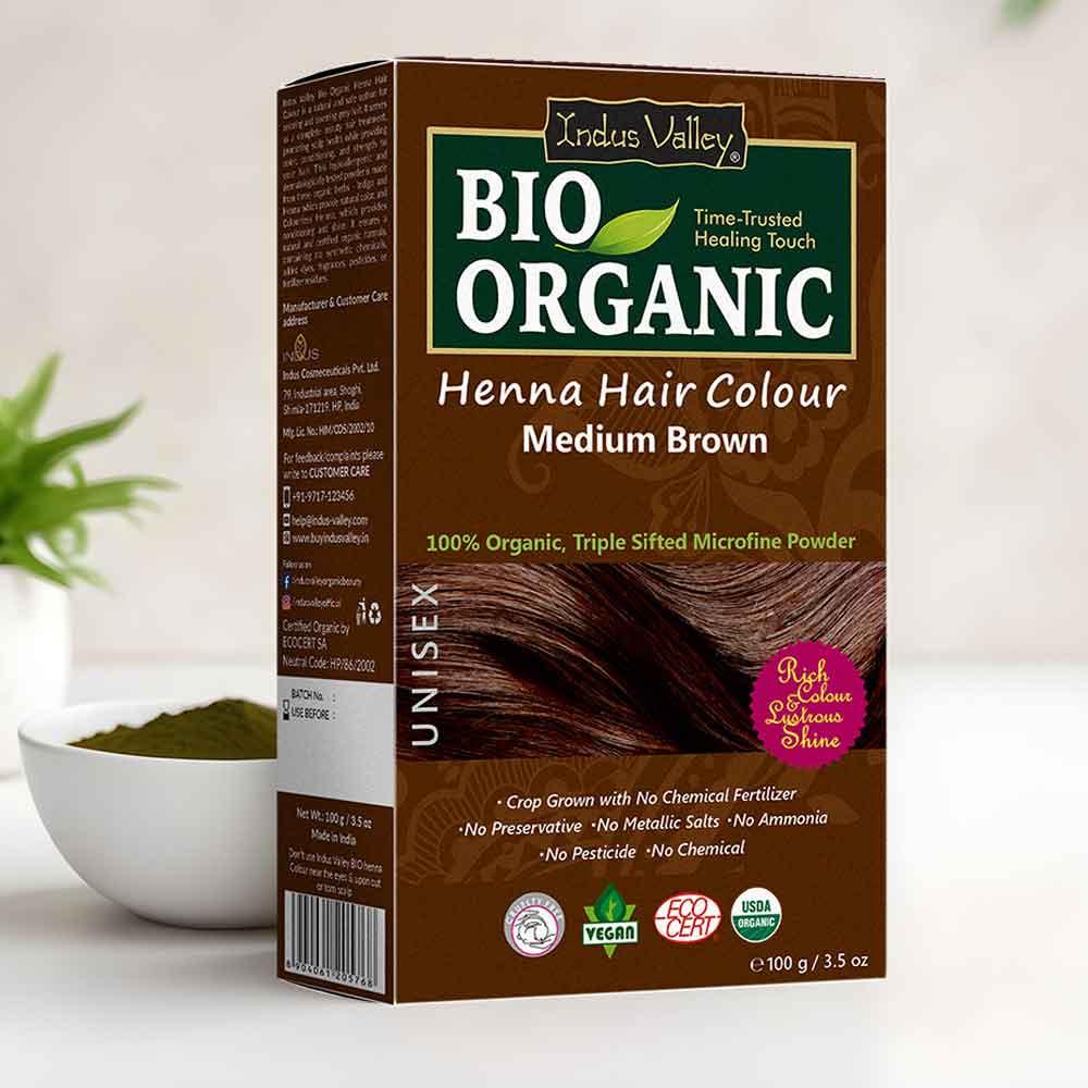 Bio Organic Medium Brown Henna Hair Colour For Early Grey Hair Coverage - 100gm 100g