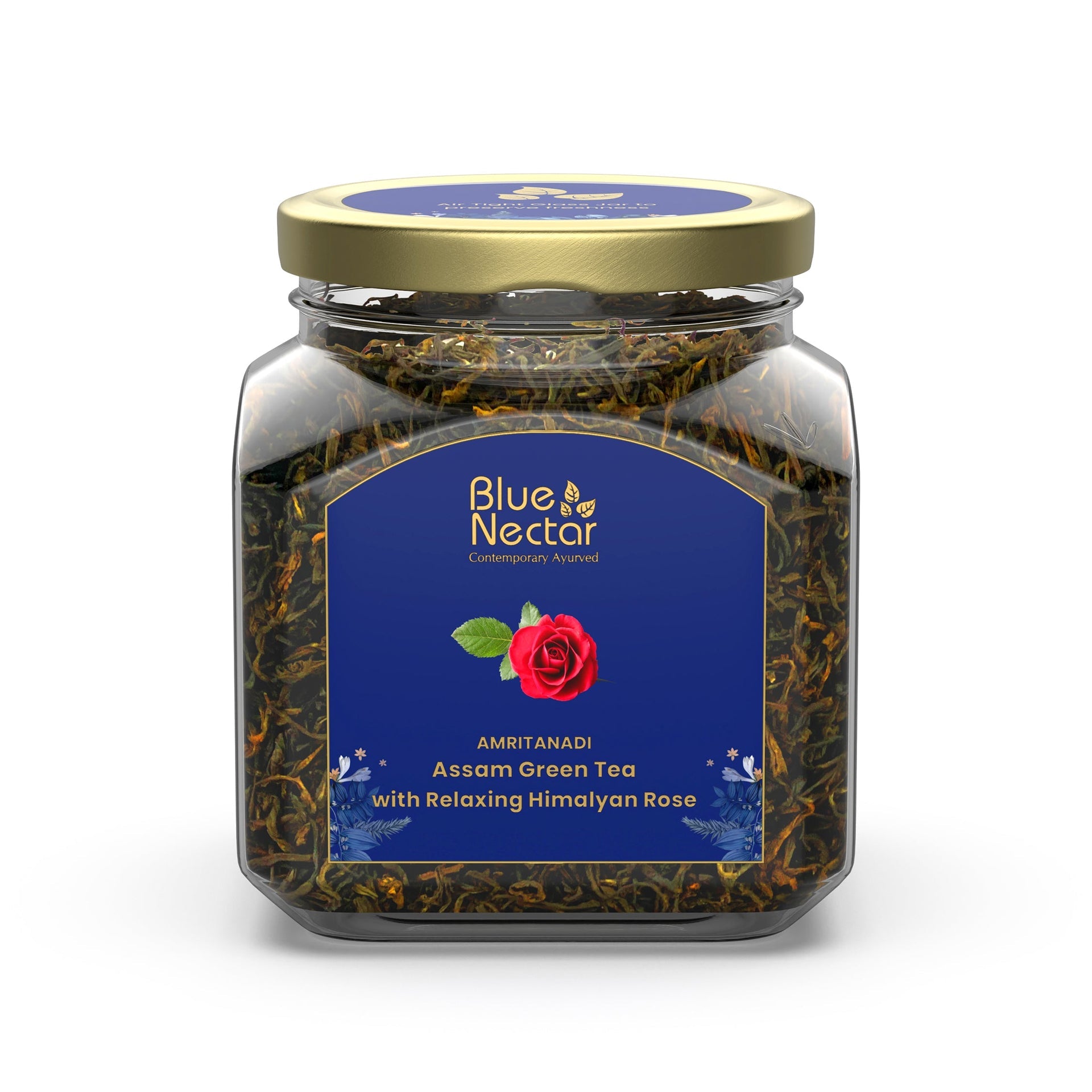 Himalayan Rose Green Tea for Relaxation | Air-Tight Glass Jar with Free Tea Infuser (65 g | 33 cups) 65g