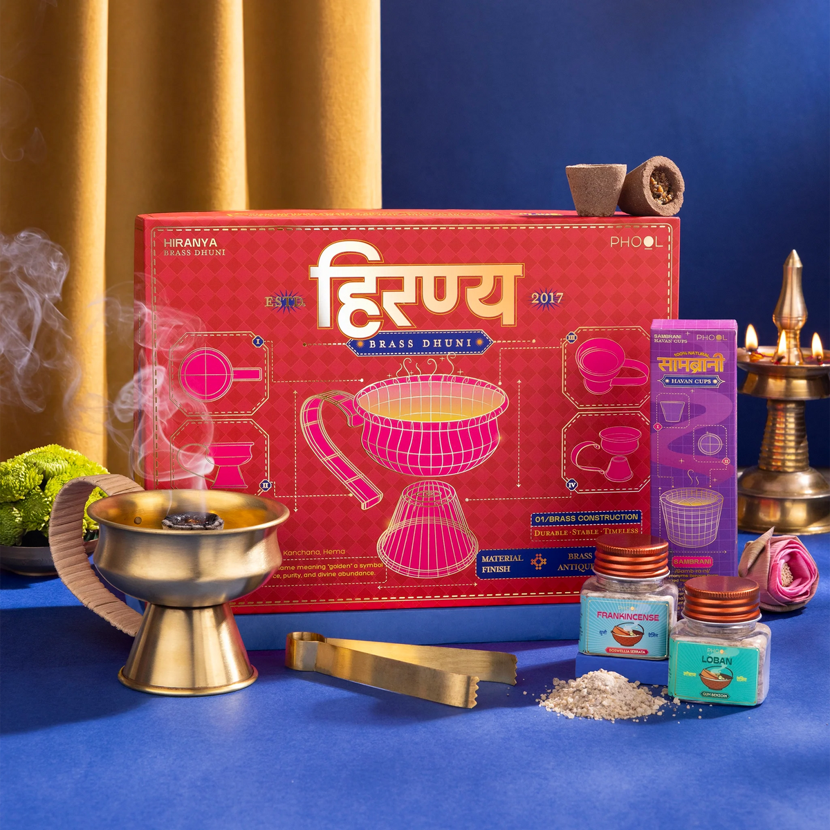 【Phool】Hiranya Pure Brass Dhuna Fumer Gift Set｜ヒランヤ 真鍮製ドゥーナ（樹脂香の香炉）ギフトセット